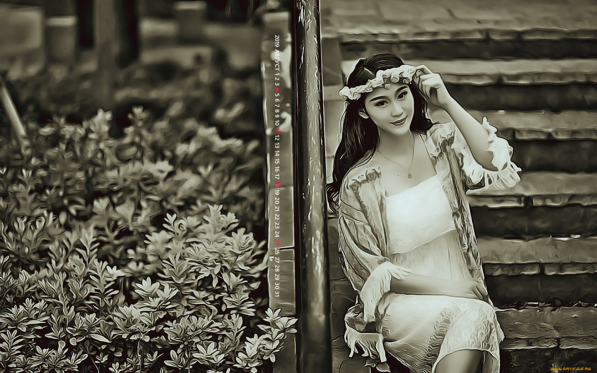 календари, компьютерный, дизайн, взгляд, женщина, растение, ступени, девушка, венок, 2019, calendar