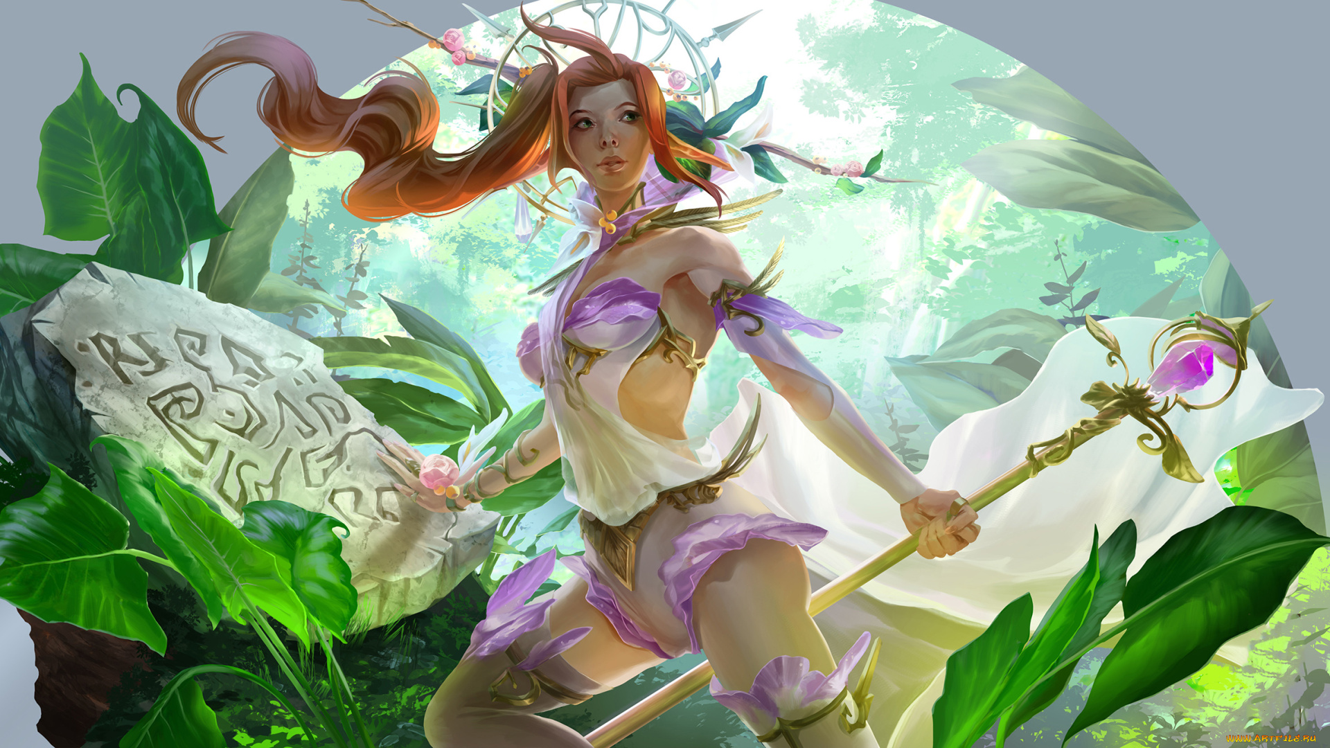 фэнтези, девушки, девушка, фон, униформа, посох