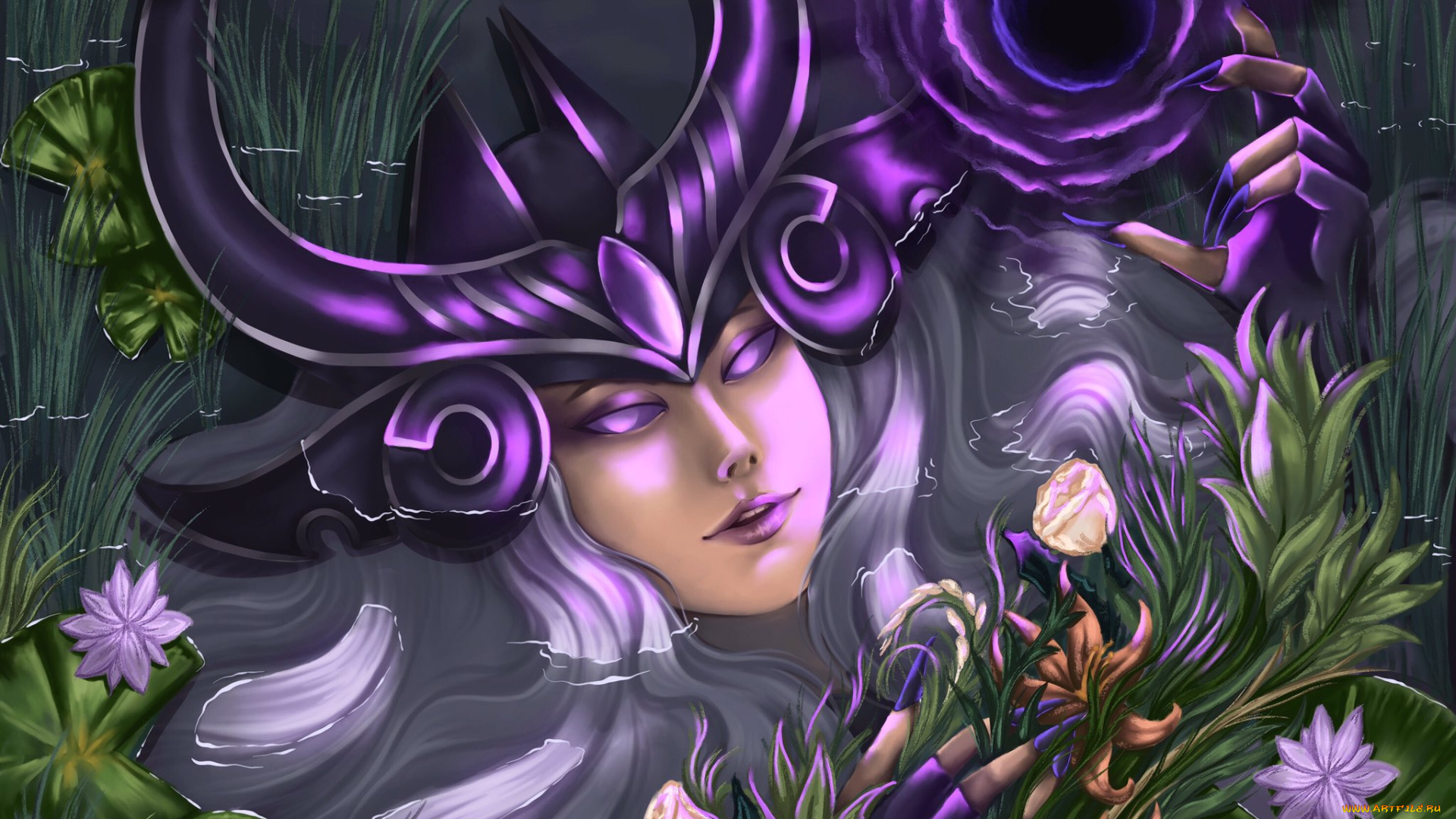 видео, игры, league, of, legends, лицо, рога, магия, озеро, цветы, syndra