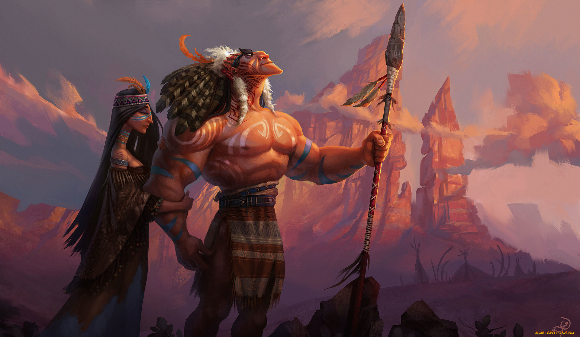рисованное, люди, индейцы, пара, копье, скалы, omid, nekuhemat