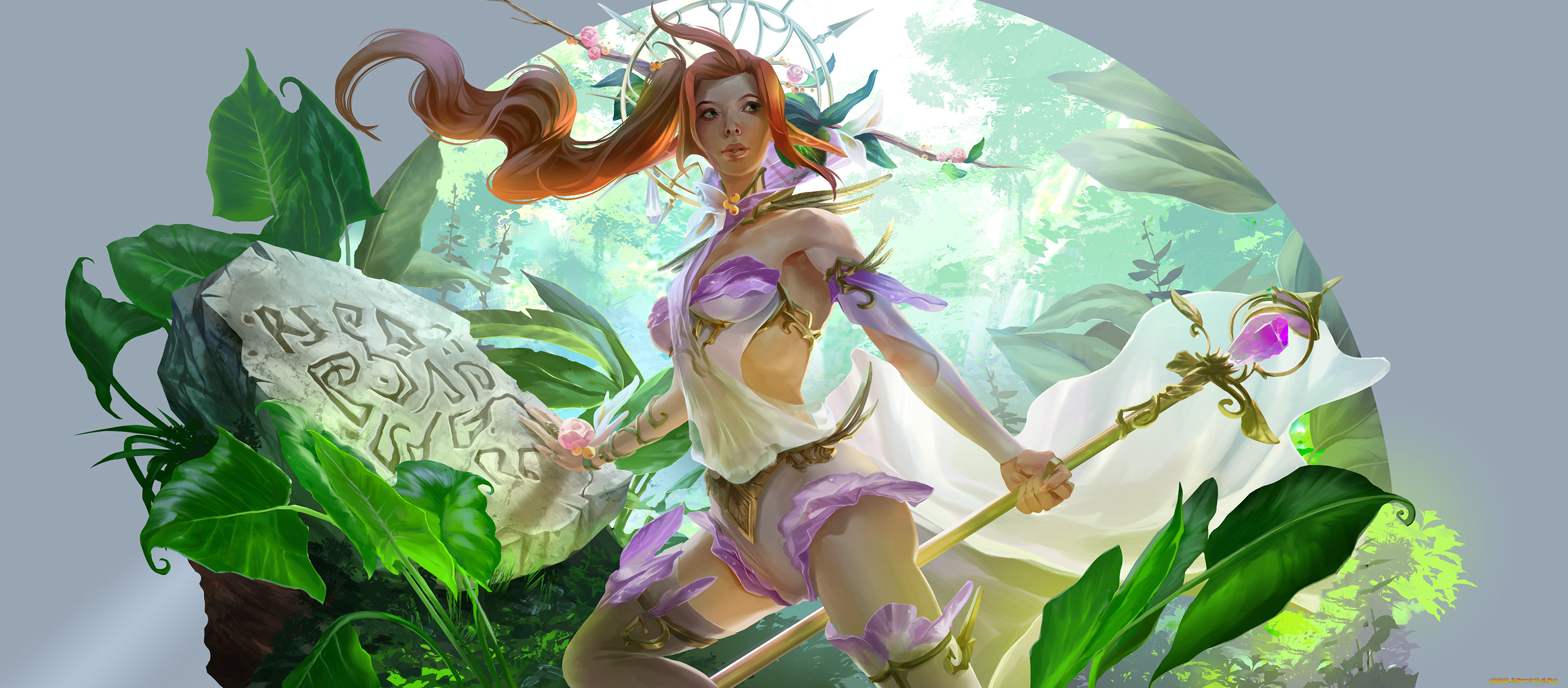 фэнтези, девушки, девушка, фон, униформа, посох