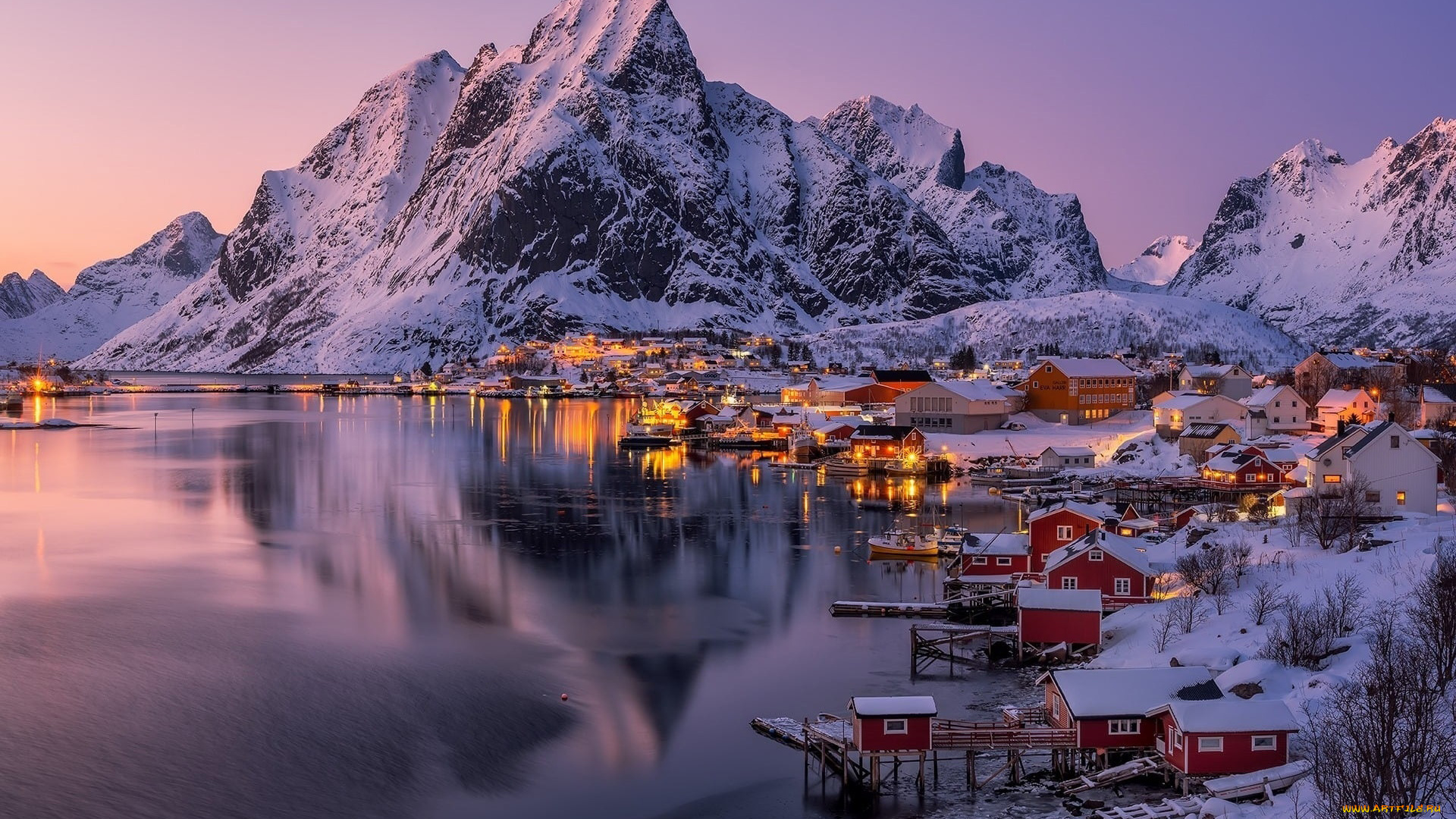 города, лофотенские, острова, , норвегия, фьорд, вечер, огни, зима, снег