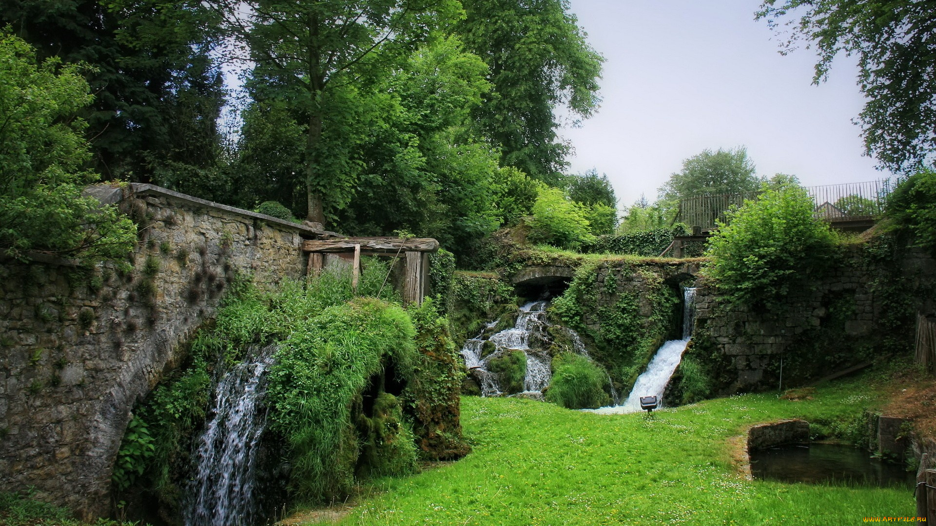 природа, парк, водоем, водопады, деревья