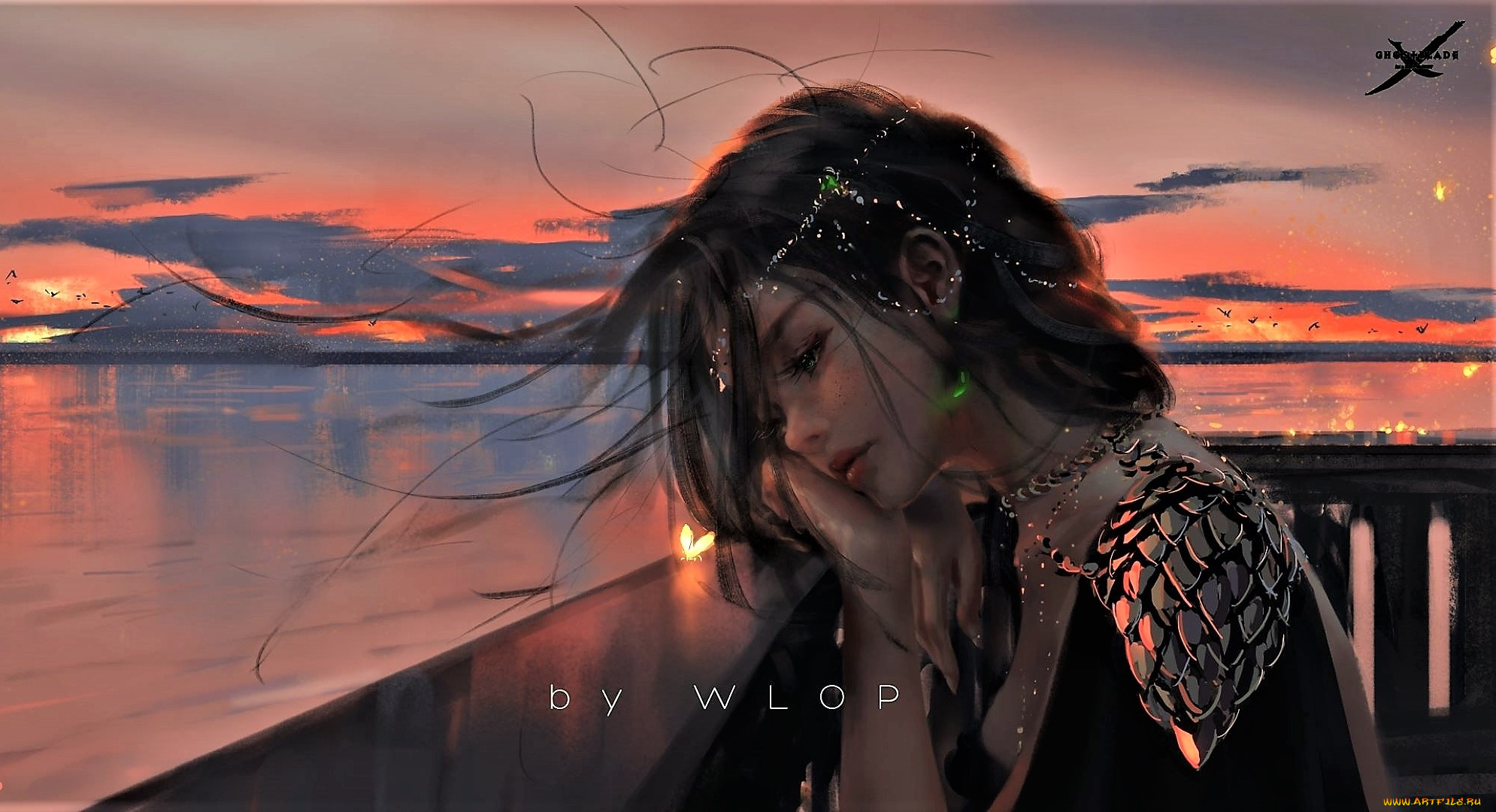 фэнтези, _ghost, blade, , , призрачный, клинок, девушка, озеро, закат