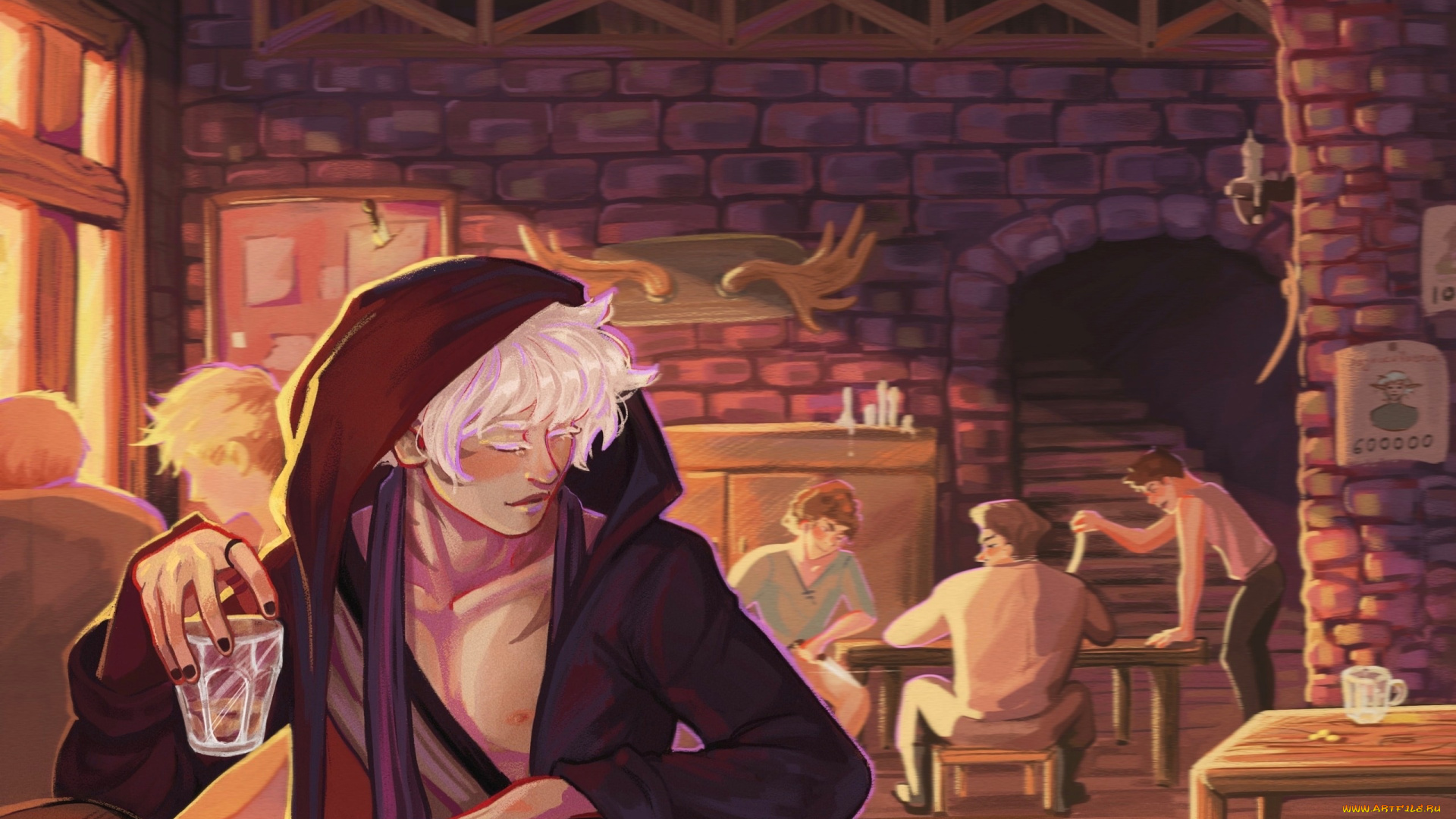 фэнтези, люди, таверна, парень, плащ, стакан