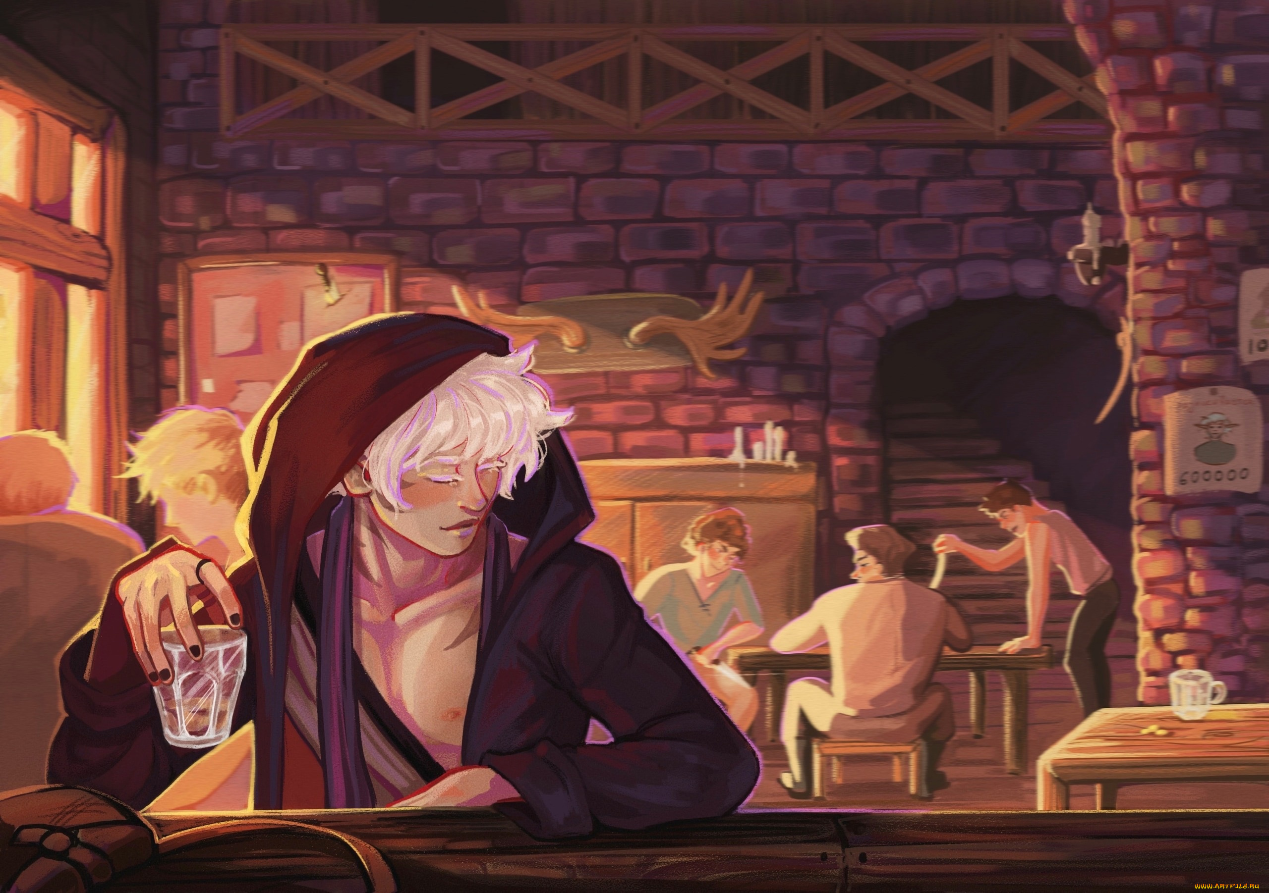 фэнтези, люди, таверна, парень, плащ, стакан