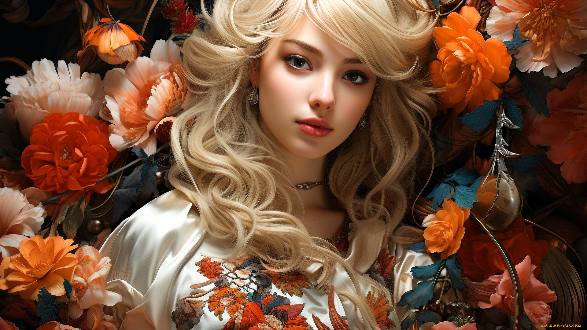 3д, графика, портреты, и, лица, , portraits, and, faсes, девушка, лицо, блондинка, наряд, цветы