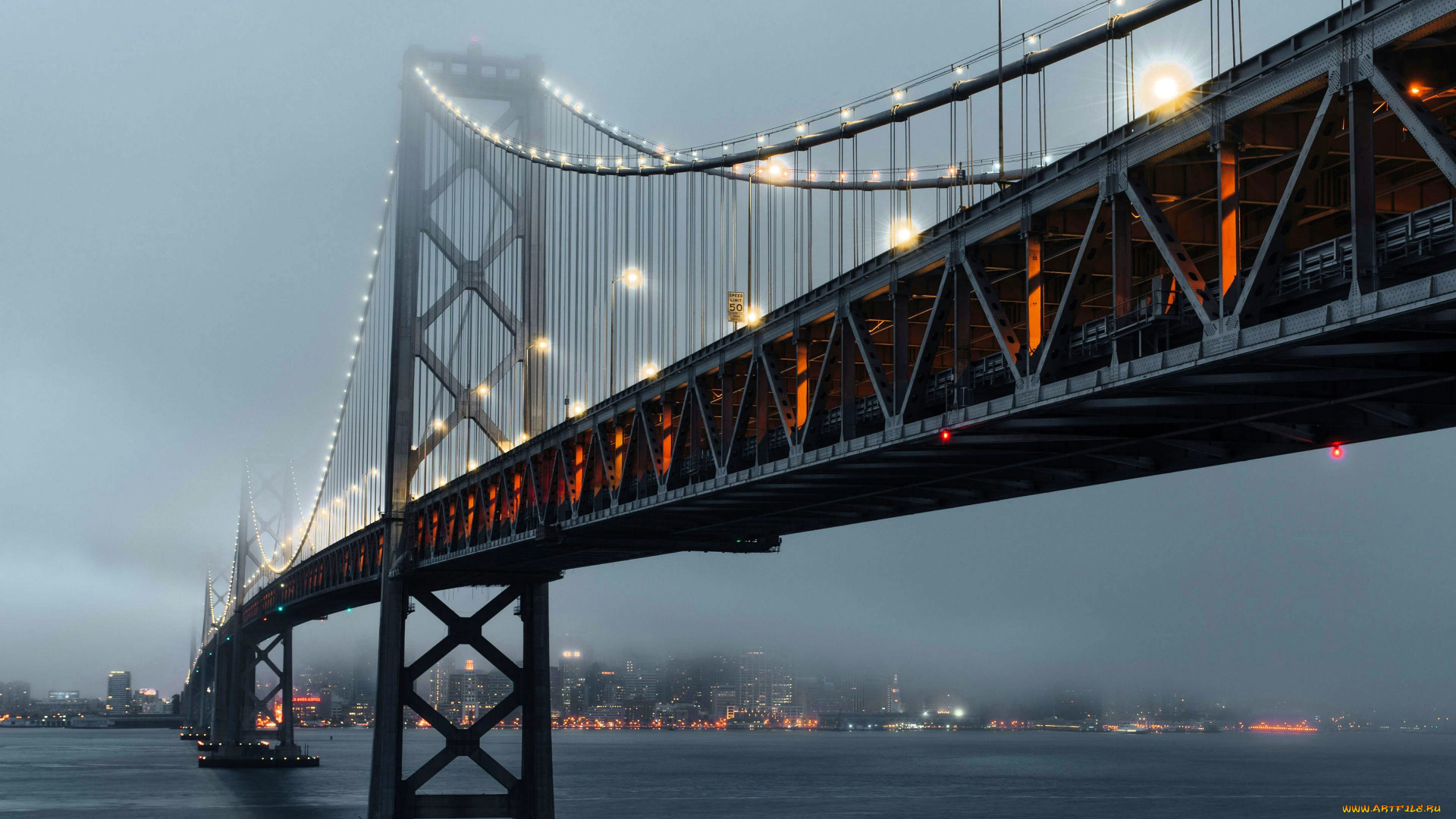 города, сан-франциско, , сша, мост, огни, туман, река, город