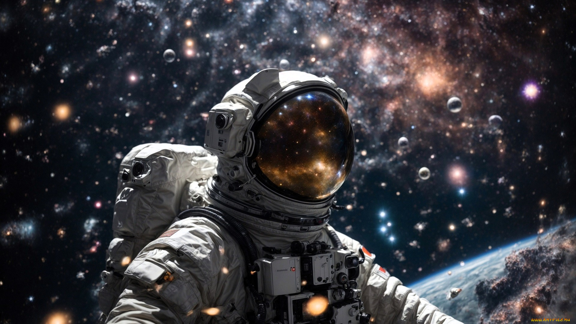 космос, арт, астронавт, планета, туманность, галактика, звезды