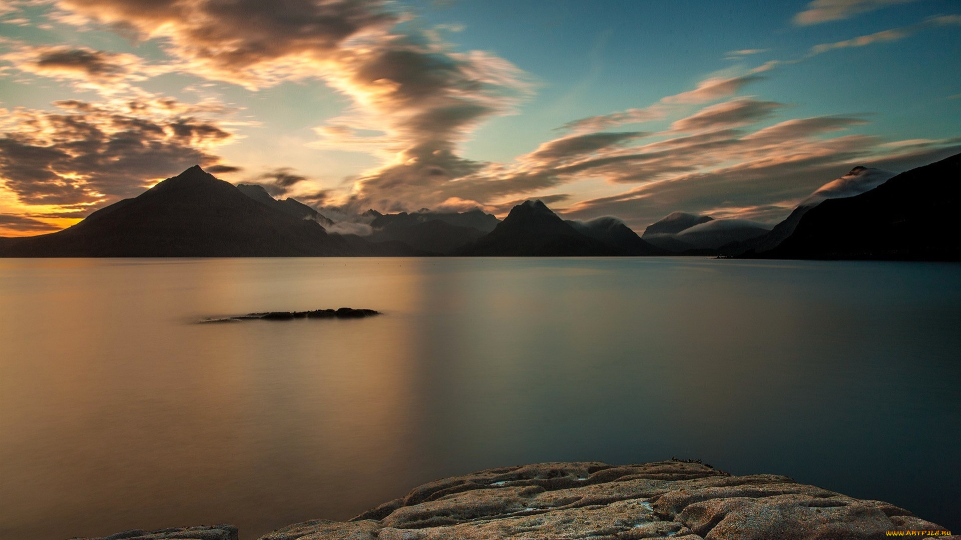 природа, побережье, море, скалы, небо, облака, закат