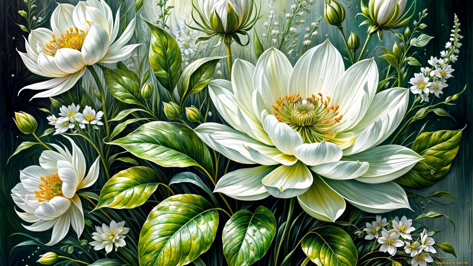 рисованное, цветы, листья, бутоны