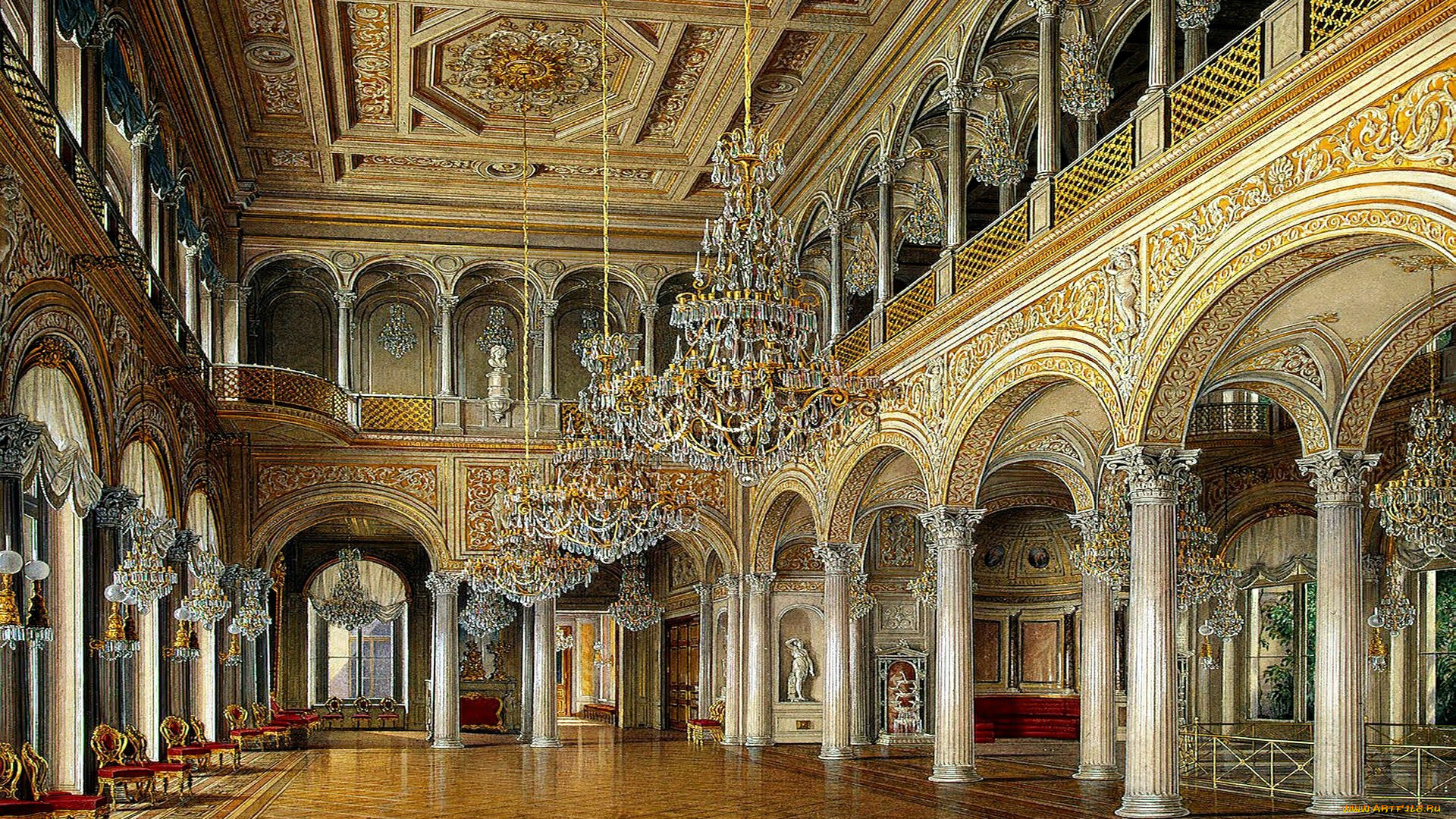 рисованное, эдуард, гау, дворец, зал, интерьер, колонны, кресла, лепнина, балкон, люстры