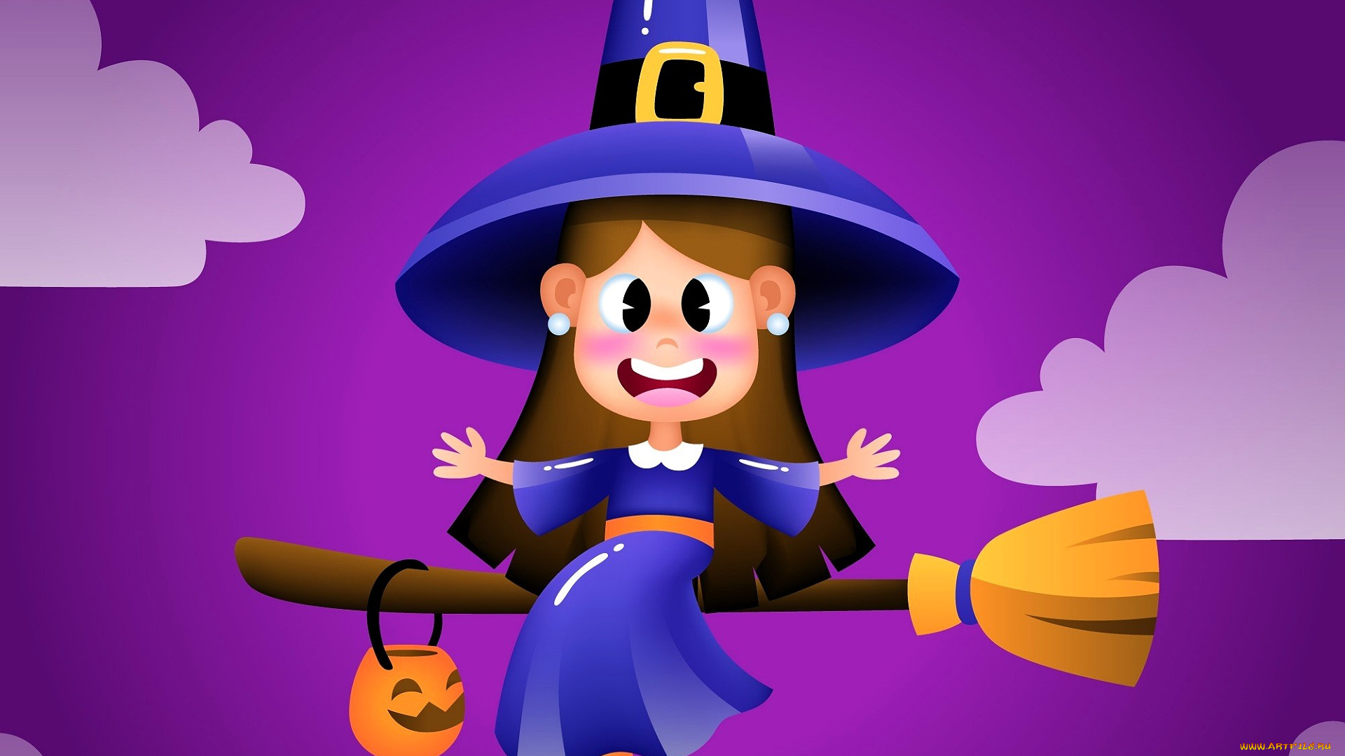 векторная, графика, мультфильмы, , комиксы, , cartoons, , comics, ведьма, шляпа, метла, тыква, облака