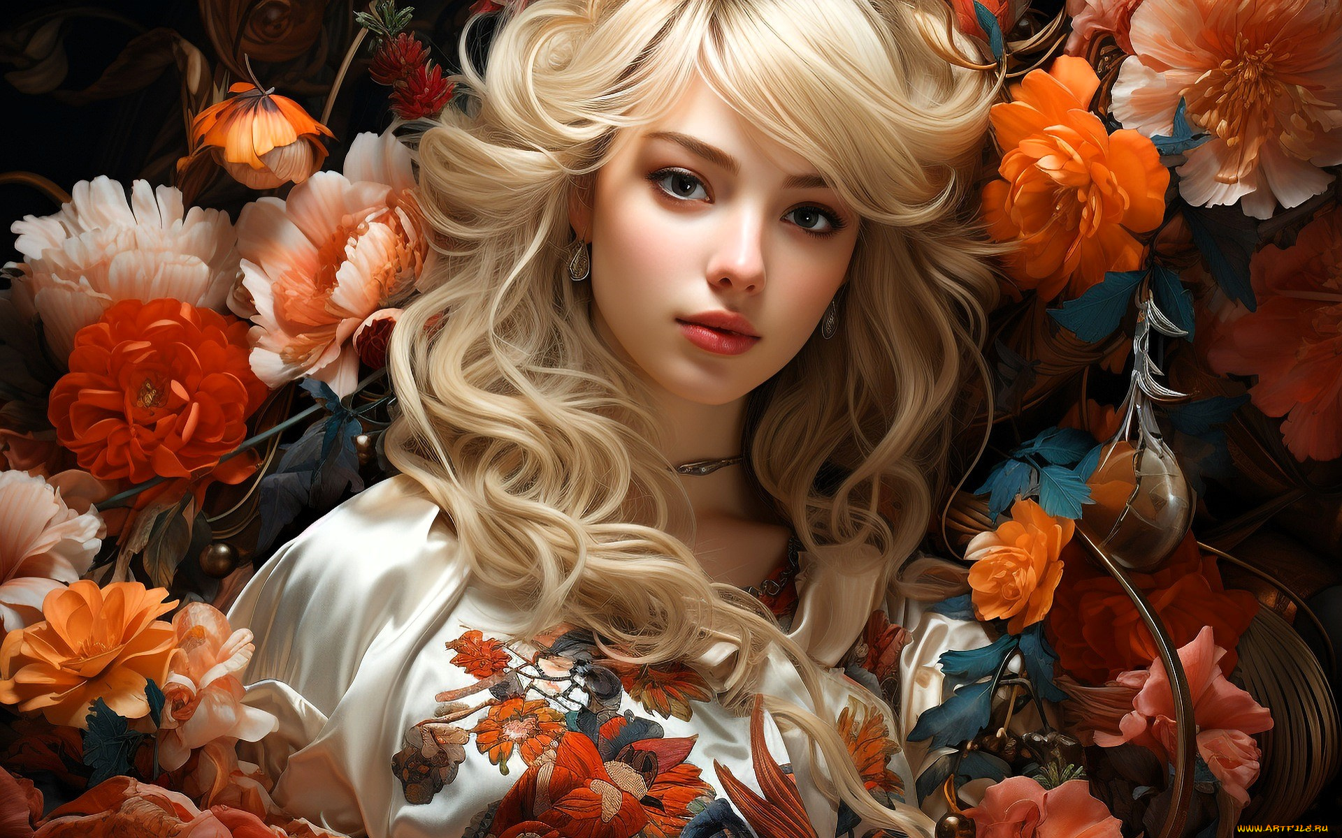 3д, графика, портреты, и, лица, , portraits, and, faсes, девушка, лицо, блондинка, наряд, цветы