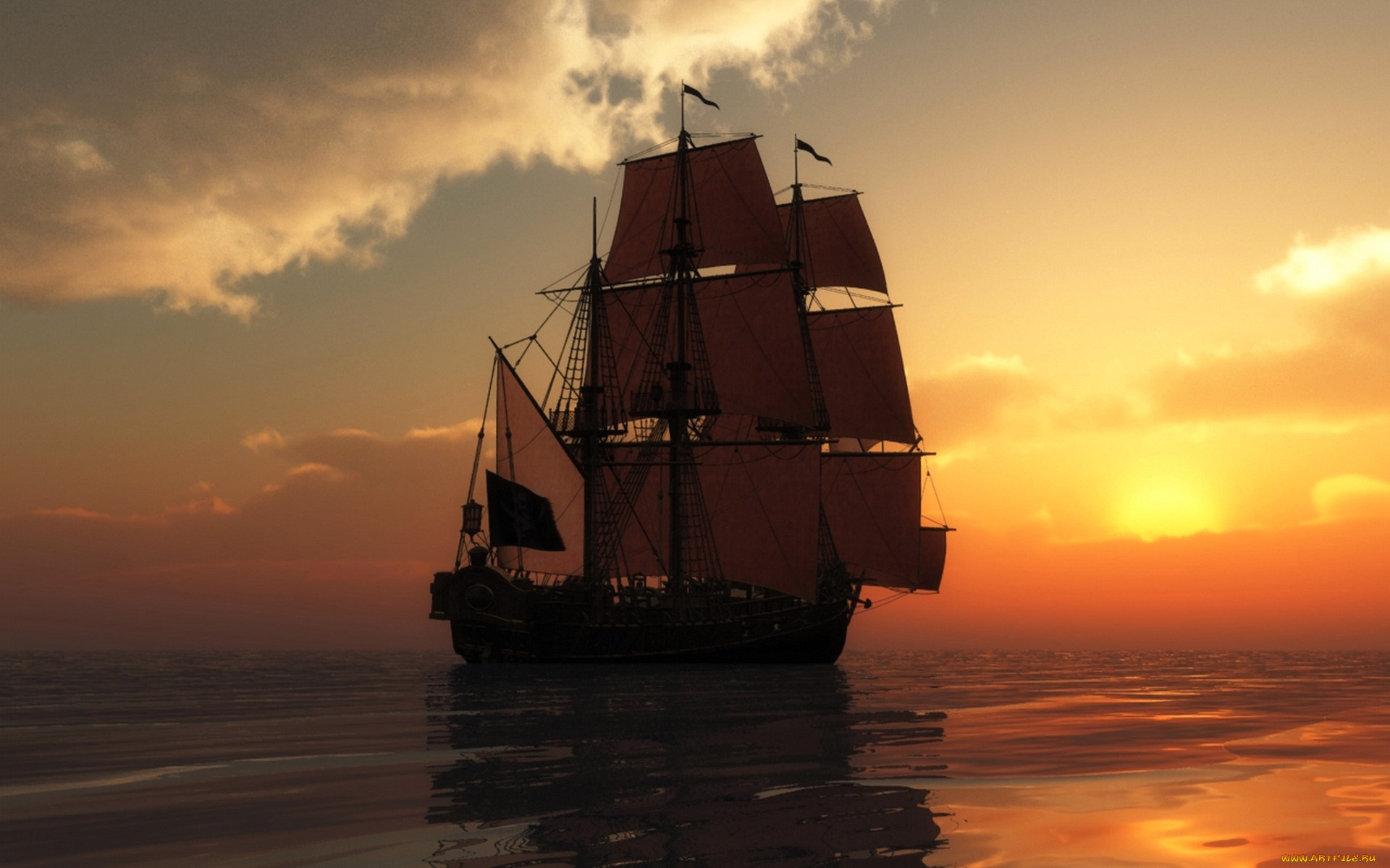 корабли, 3d, корабль, парусник, море, закат