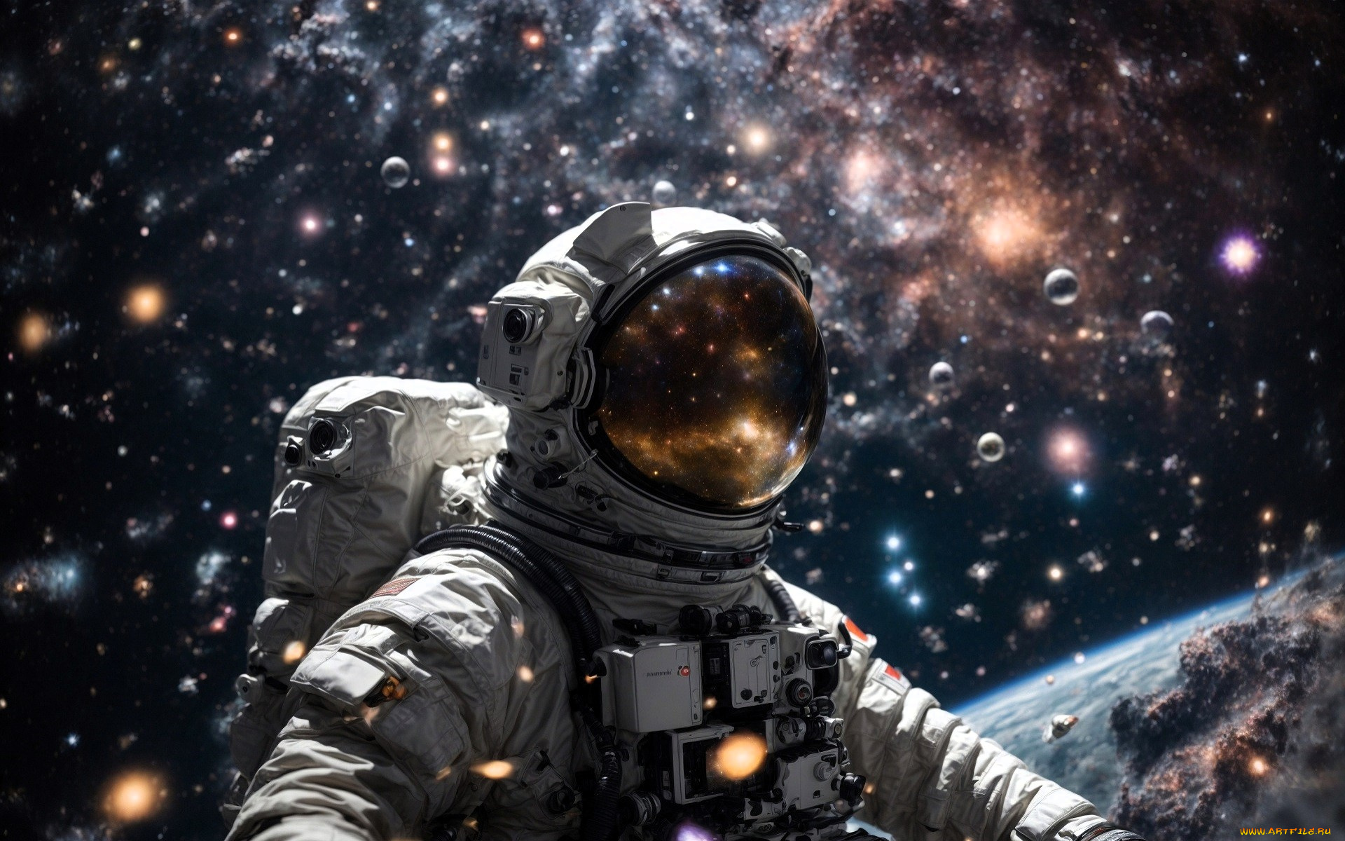 космос, арт, астронавт, планета, туманность, галактика, звезды