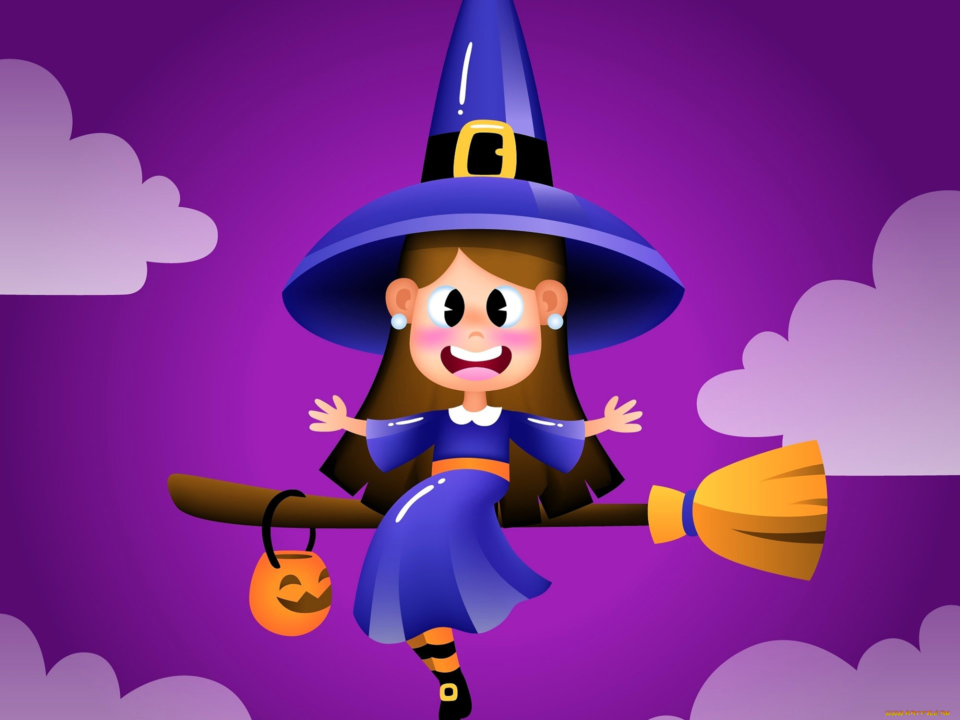 векторная, графика, мультфильмы, , комиксы, , cartoons, , comics, ведьма, шляпа, метла, тыква, облака
