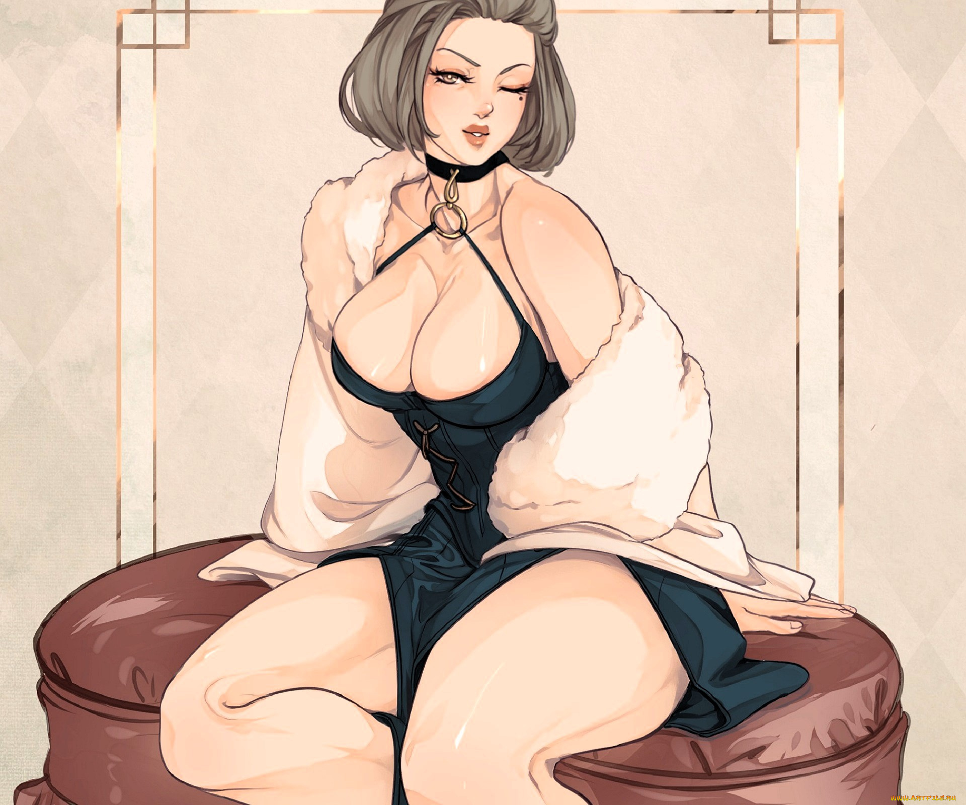 рисованное, люди, девушка, платье, пуфик