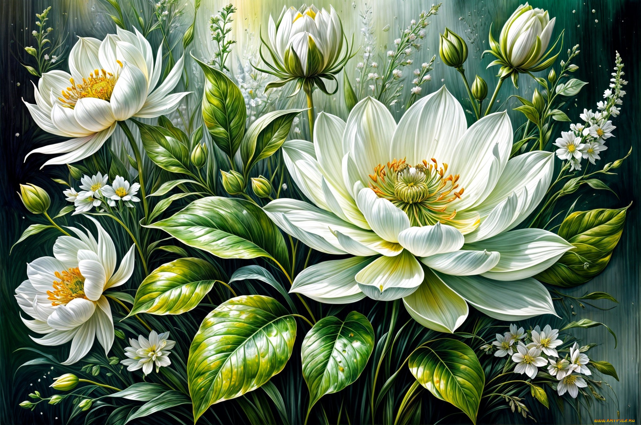 рисованное, цветы, листья, бутоны