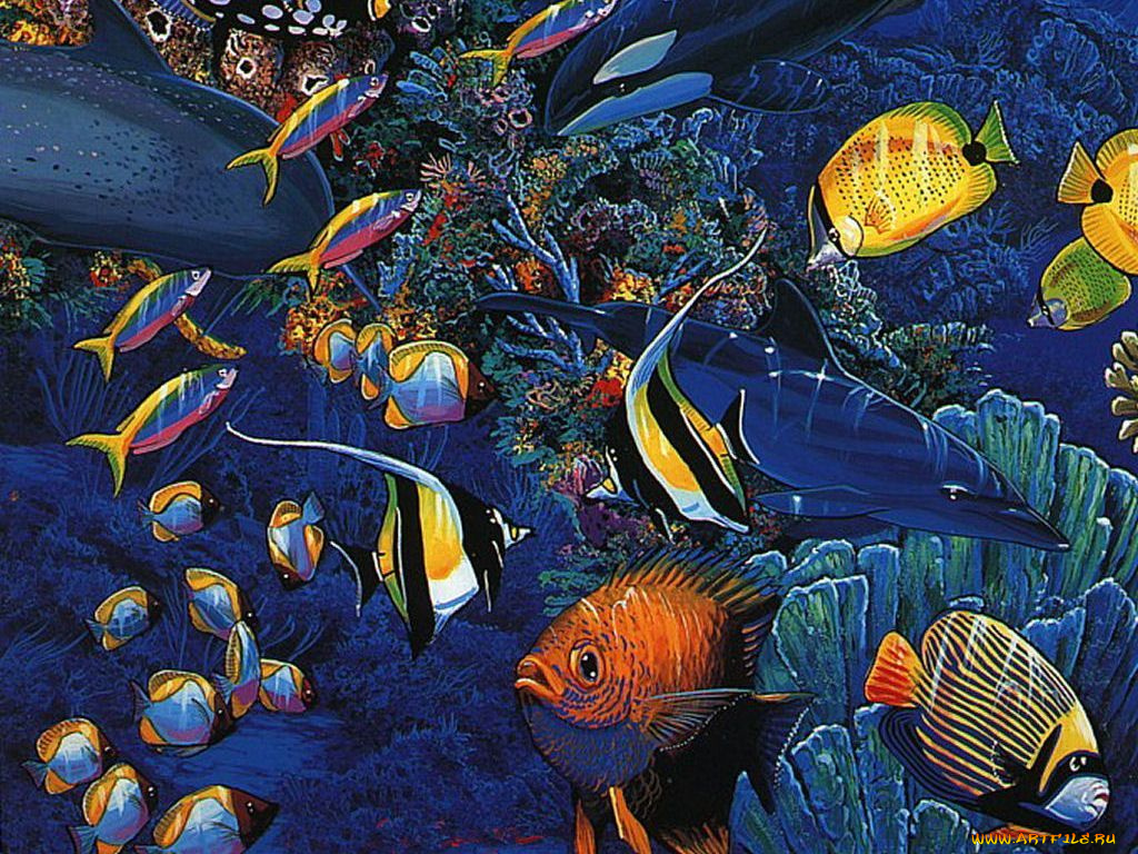рисованные, животные, рыбы