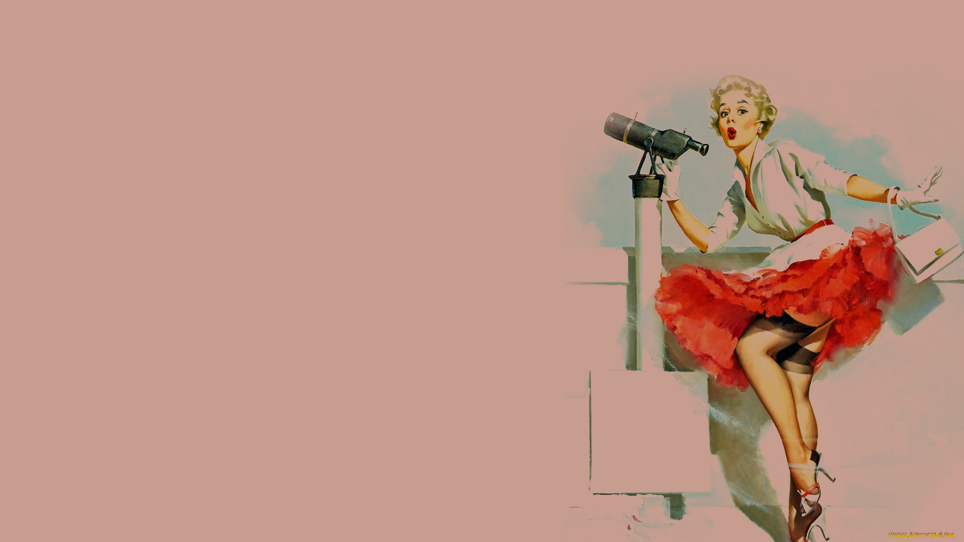 рисованные, люди, юбка, блузка, сумка, блондинка, подзорная, труба