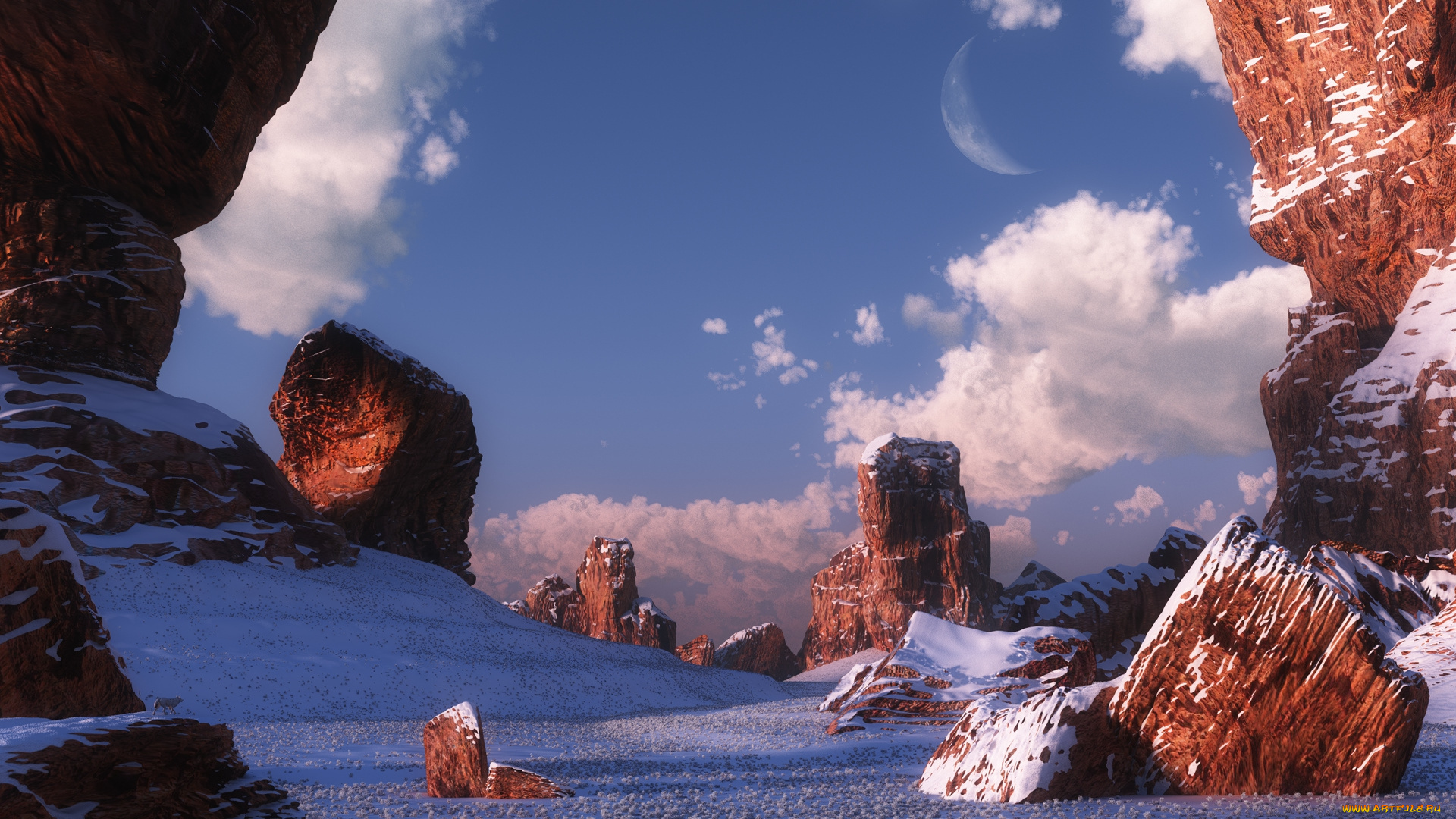 3д, графика, nature, landscape, природа, горы, скалы, столбы, снег