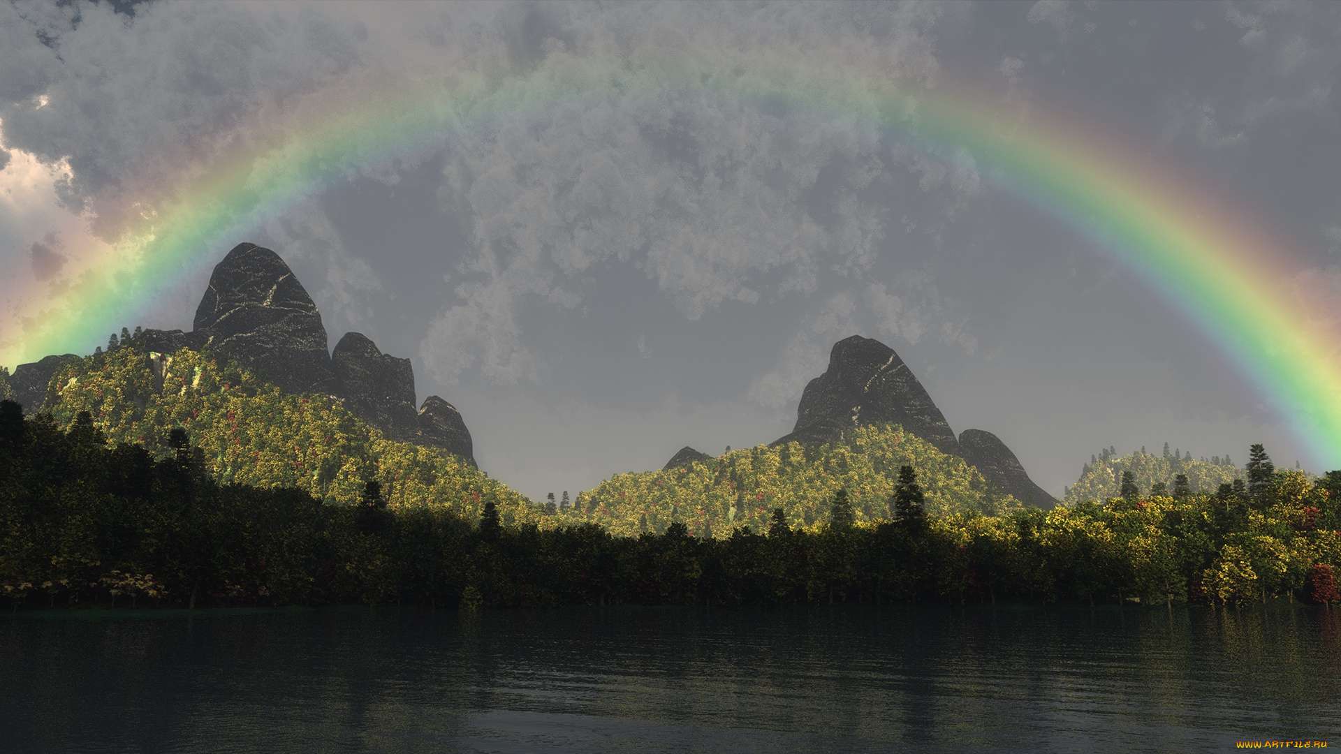 радуга, 3д, графика, nature, landscape, природа, лес, горы, озеро