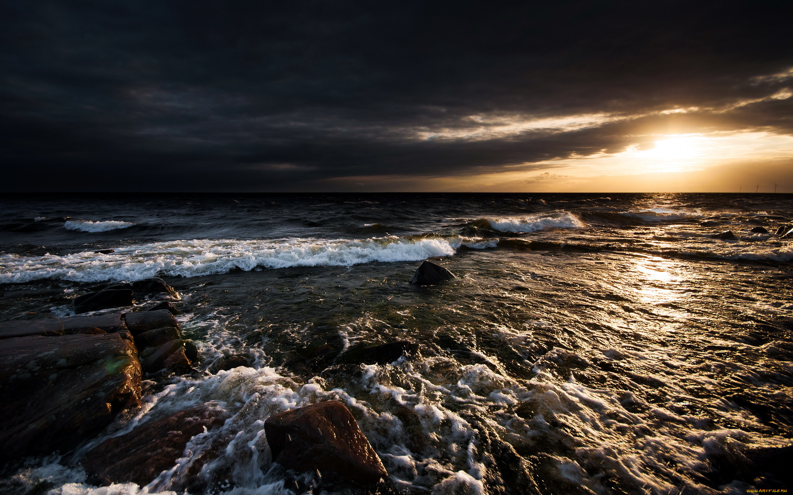 ocean, waves, природа, побережье, прибой, волны, океан, тучи, сумрак, камни