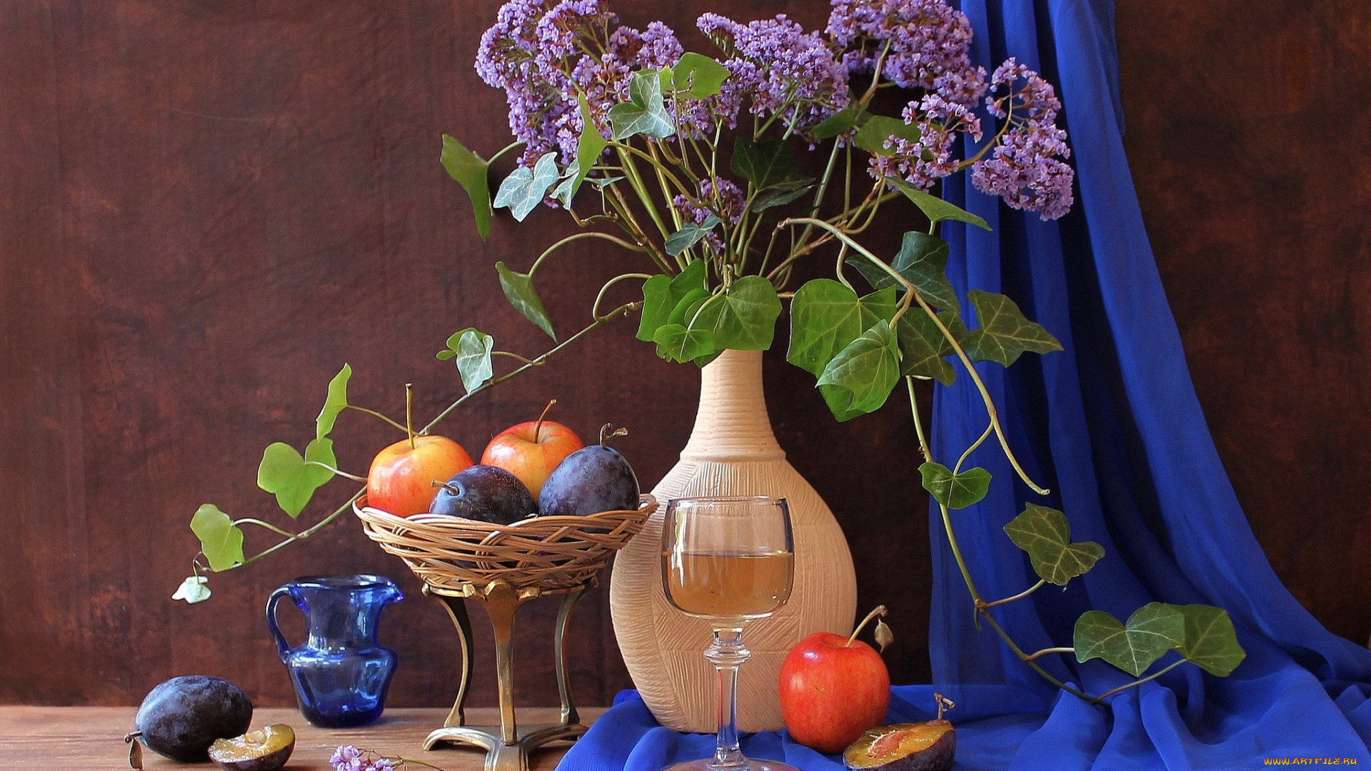 еда, натюрморт, яблоки, сливы, бокал, цветы