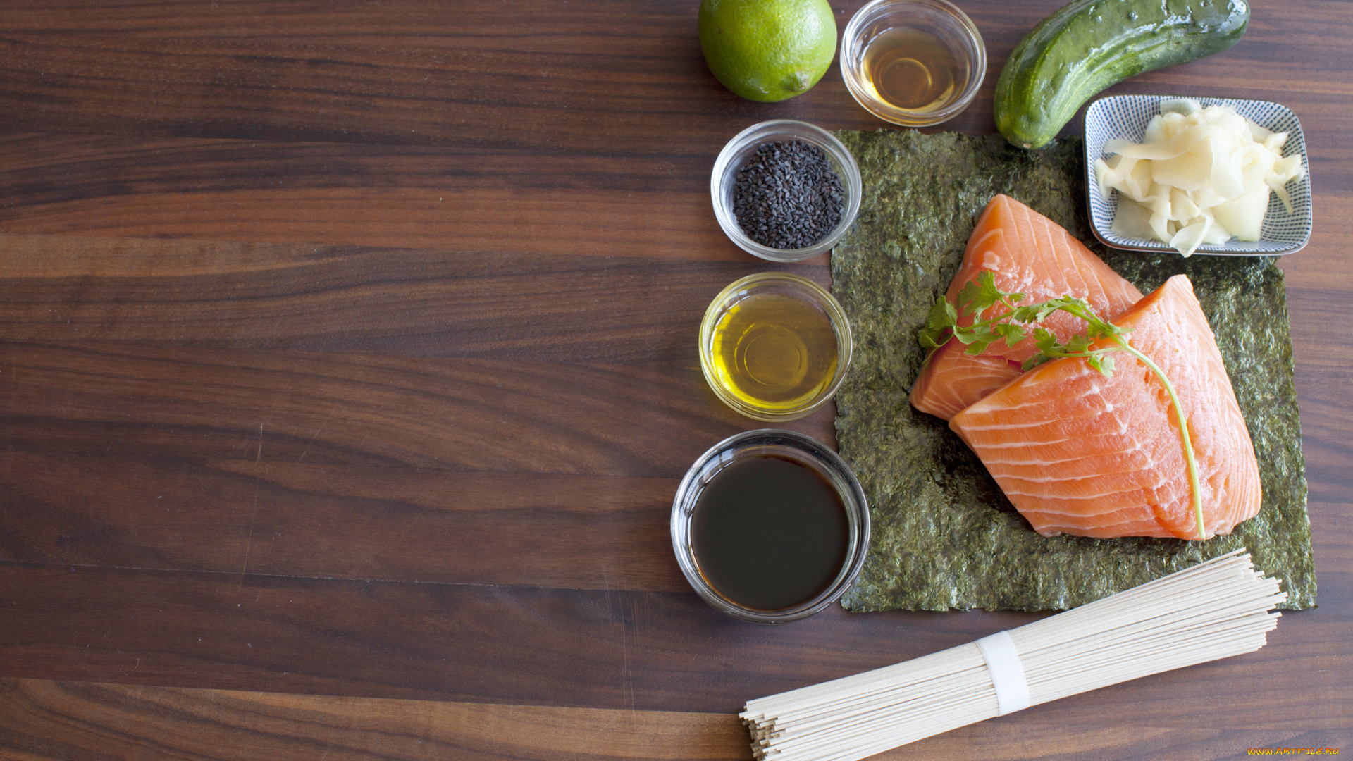 еда, разное, лосось, имбирь, лайм, спагетти