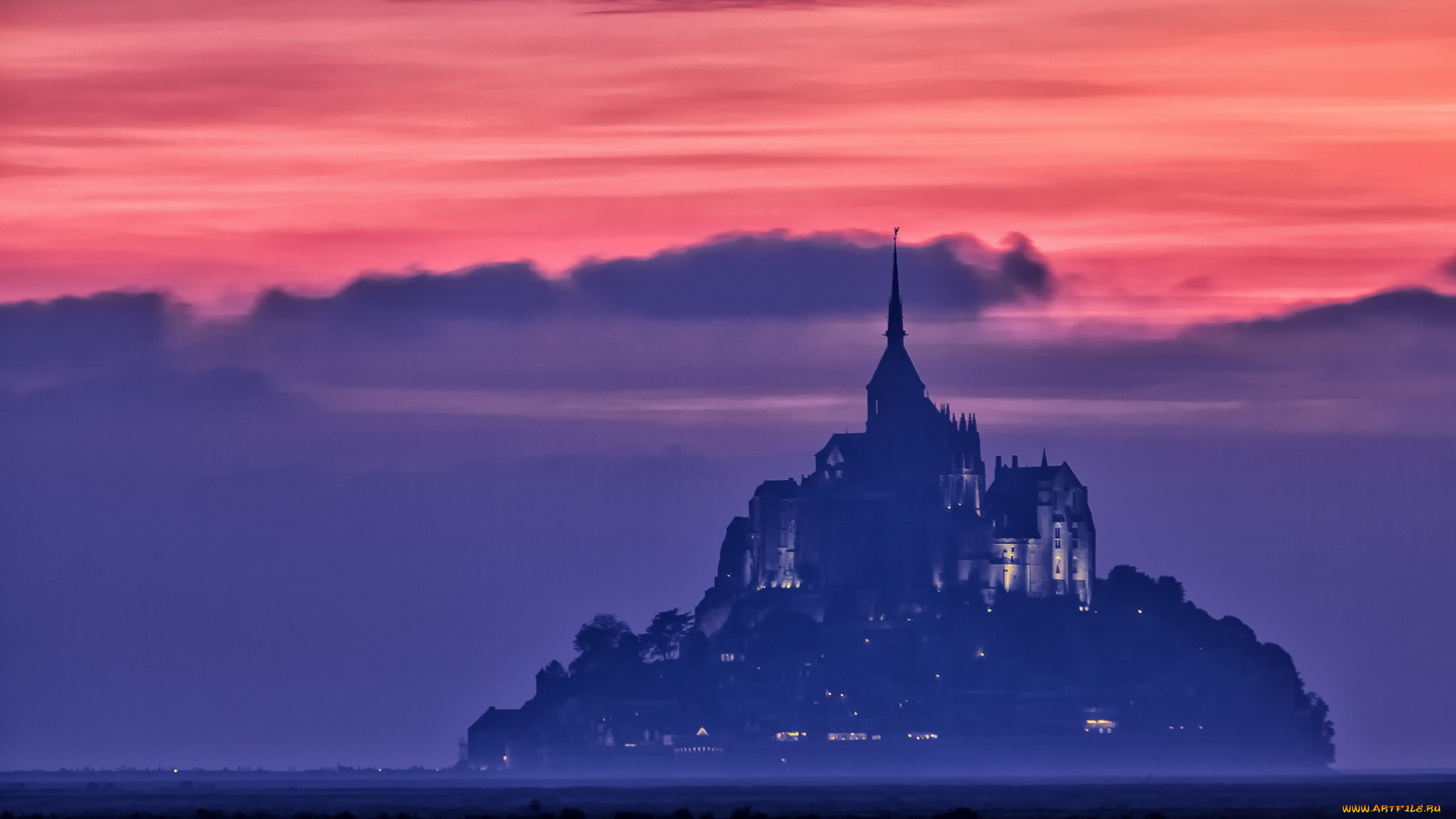 города, крепость, мон, сен, мишель, франция, вечер, очертания