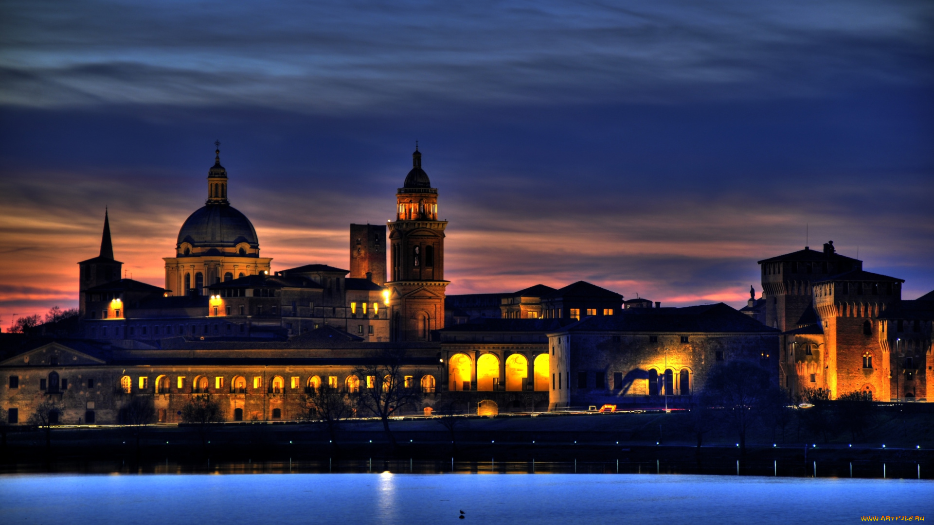 мантуя, италия, города, огни, ночного, ночь, река, очертания