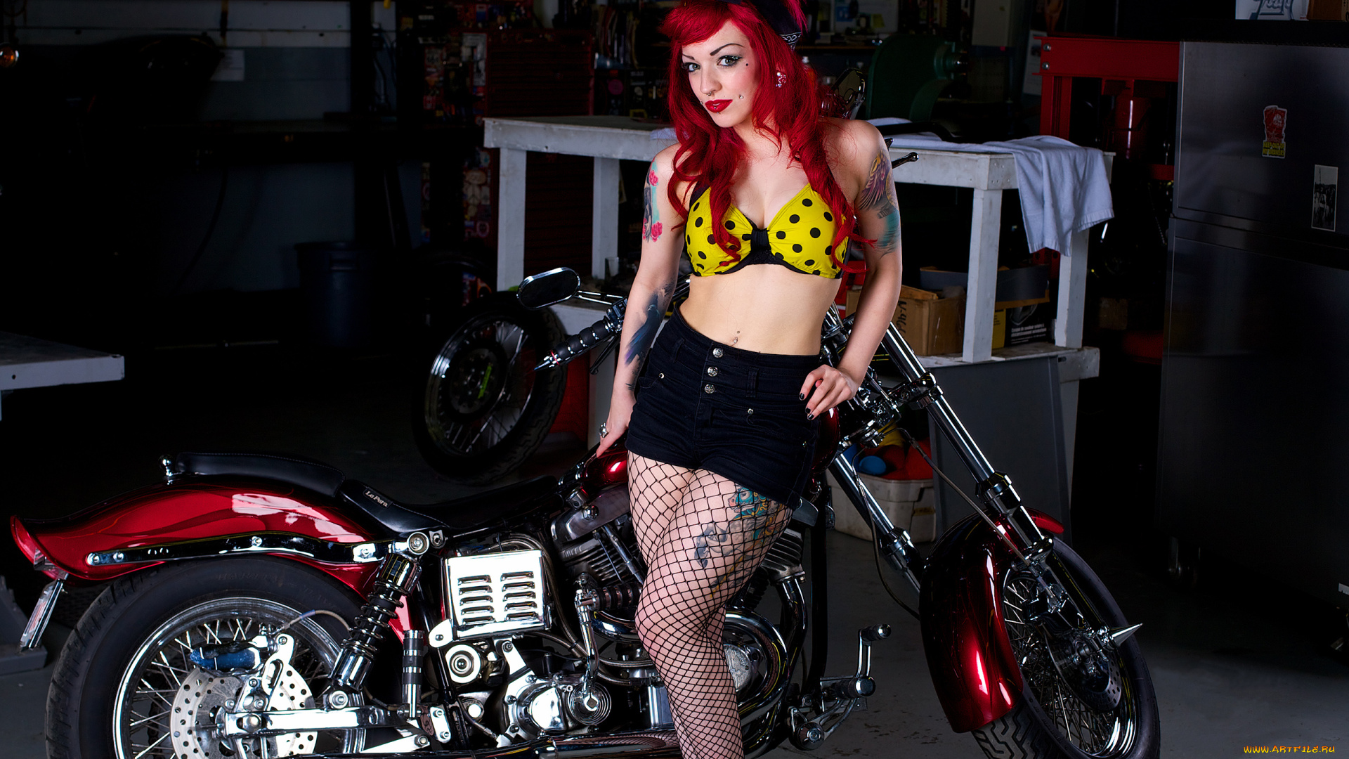 мотоциклы, мото, девушкой, гараж, шорты