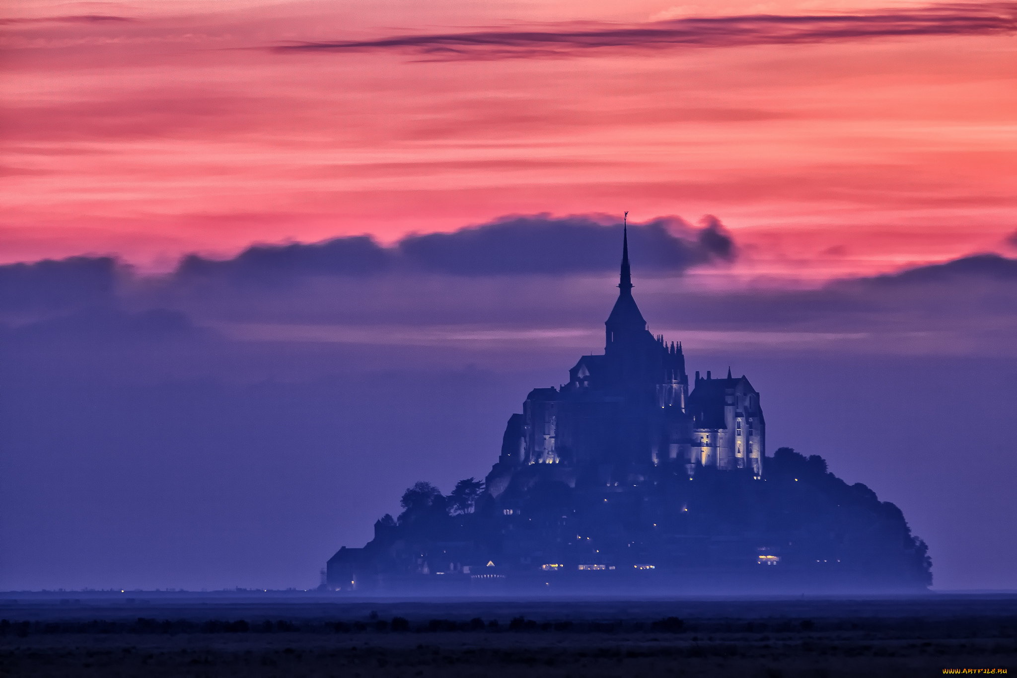 города, крепость, мон, сен, мишель, франция, вечер, очертания