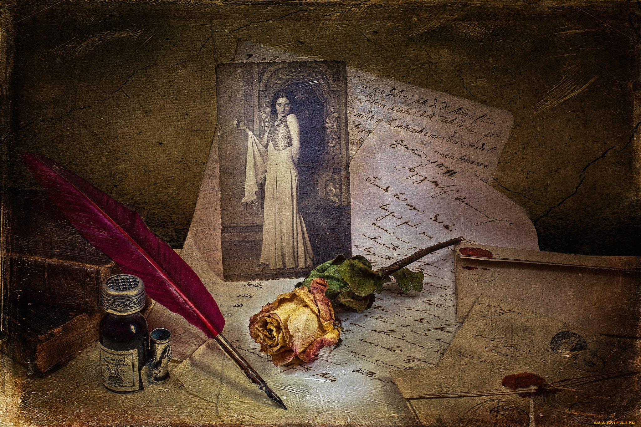 разное, ретро, винтаж, роза, перо, письма, фото