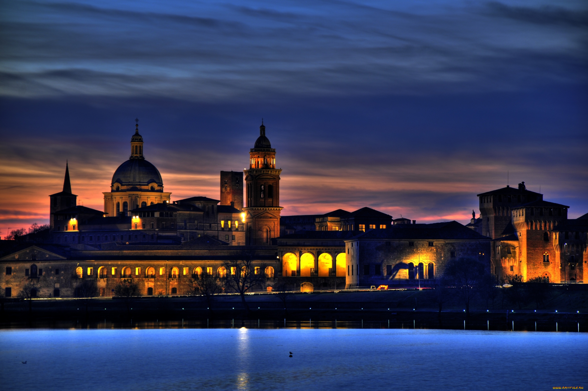 мантуя, италия, города, огни, ночного, ночь, река, очертания