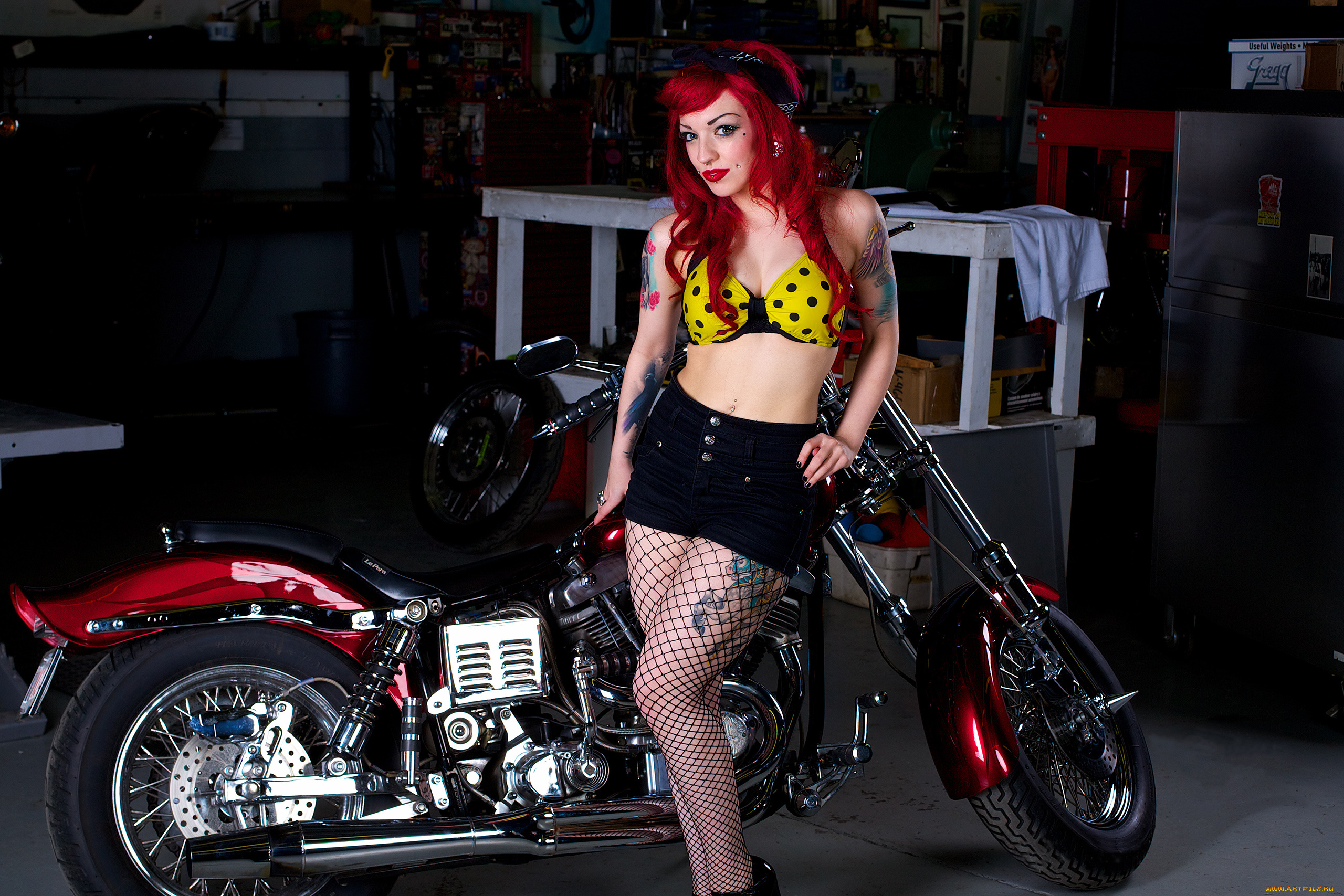 мотоциклы, мото, девушкой, гараж, шорты