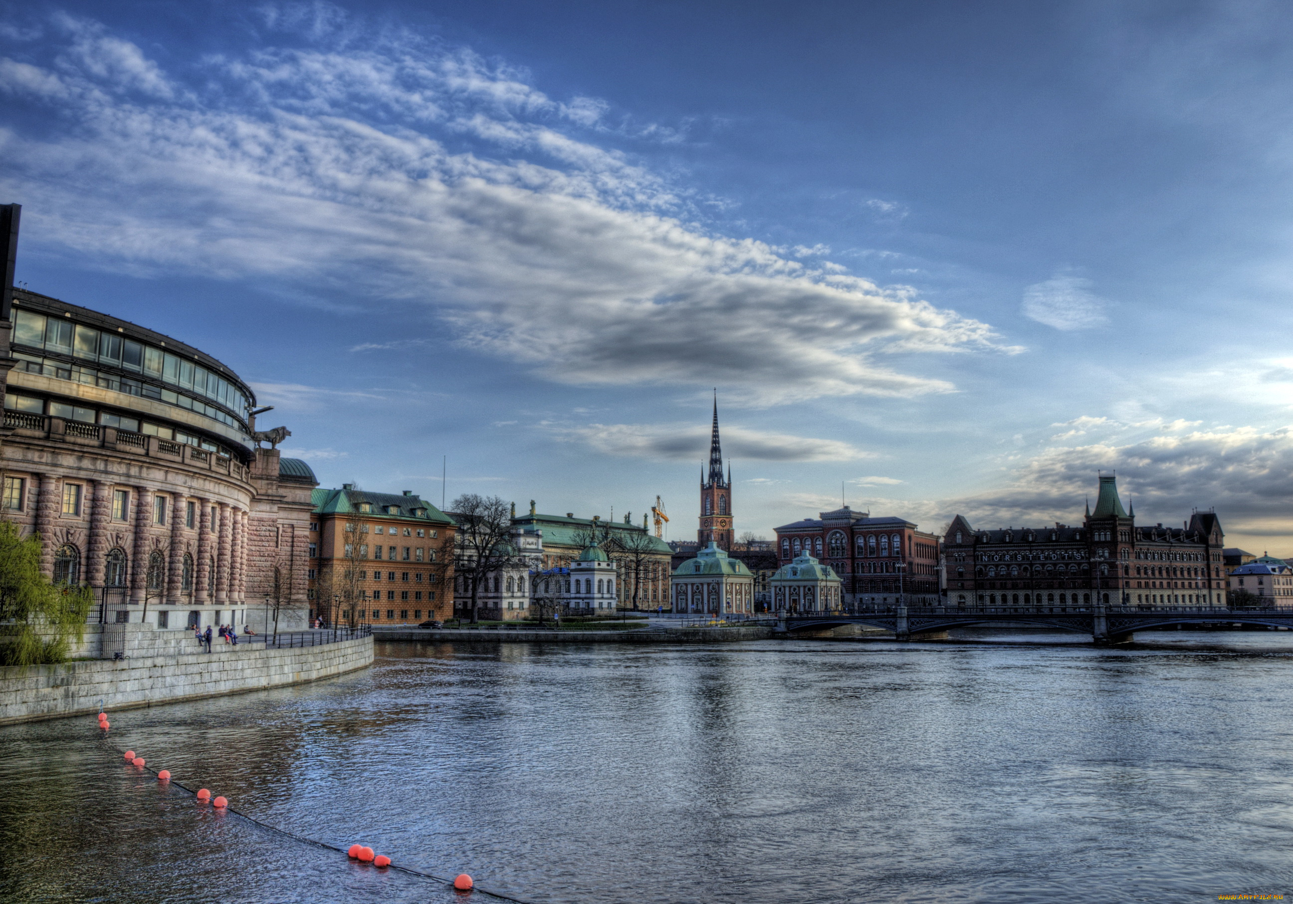 города, стокгольм, швеция, река, закат, дома