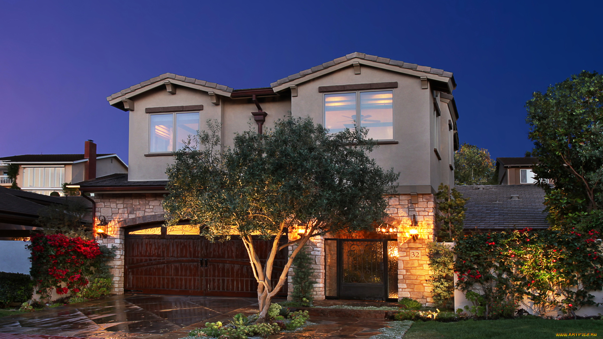 города, -, здания, , дома, огни, ночь, кусты, деревья, ландшафт, дом