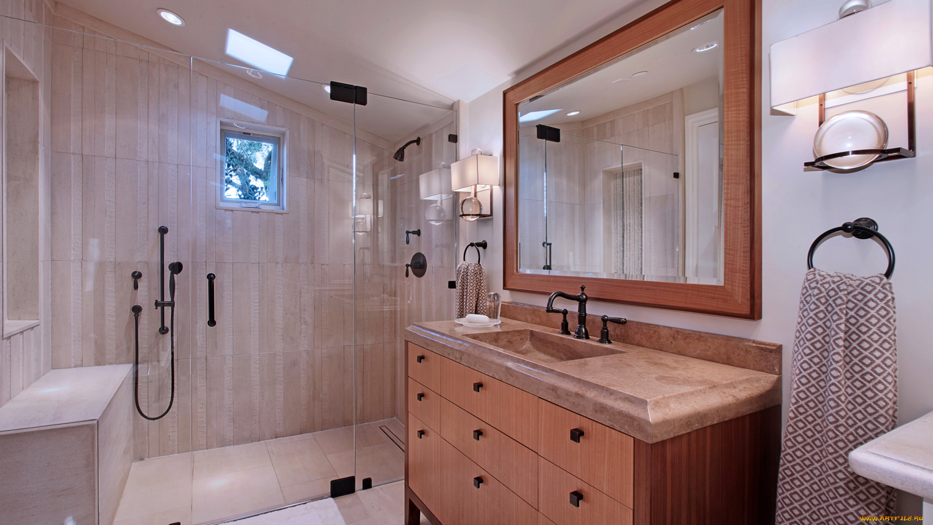 интерьер, ванная, и, туалетная, комнаты, ванная, дизайн, зеркало