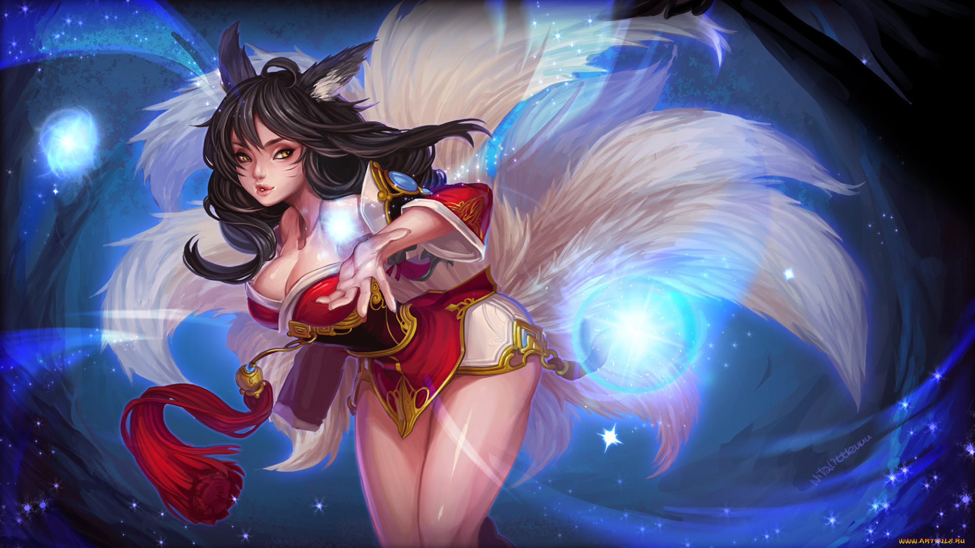 league, of, legends, фэнтези, существа, kaka, cheung, art, взгляд, league, of, legends, ahri, девушка, хвосты, ушки, лисица, магия, жест