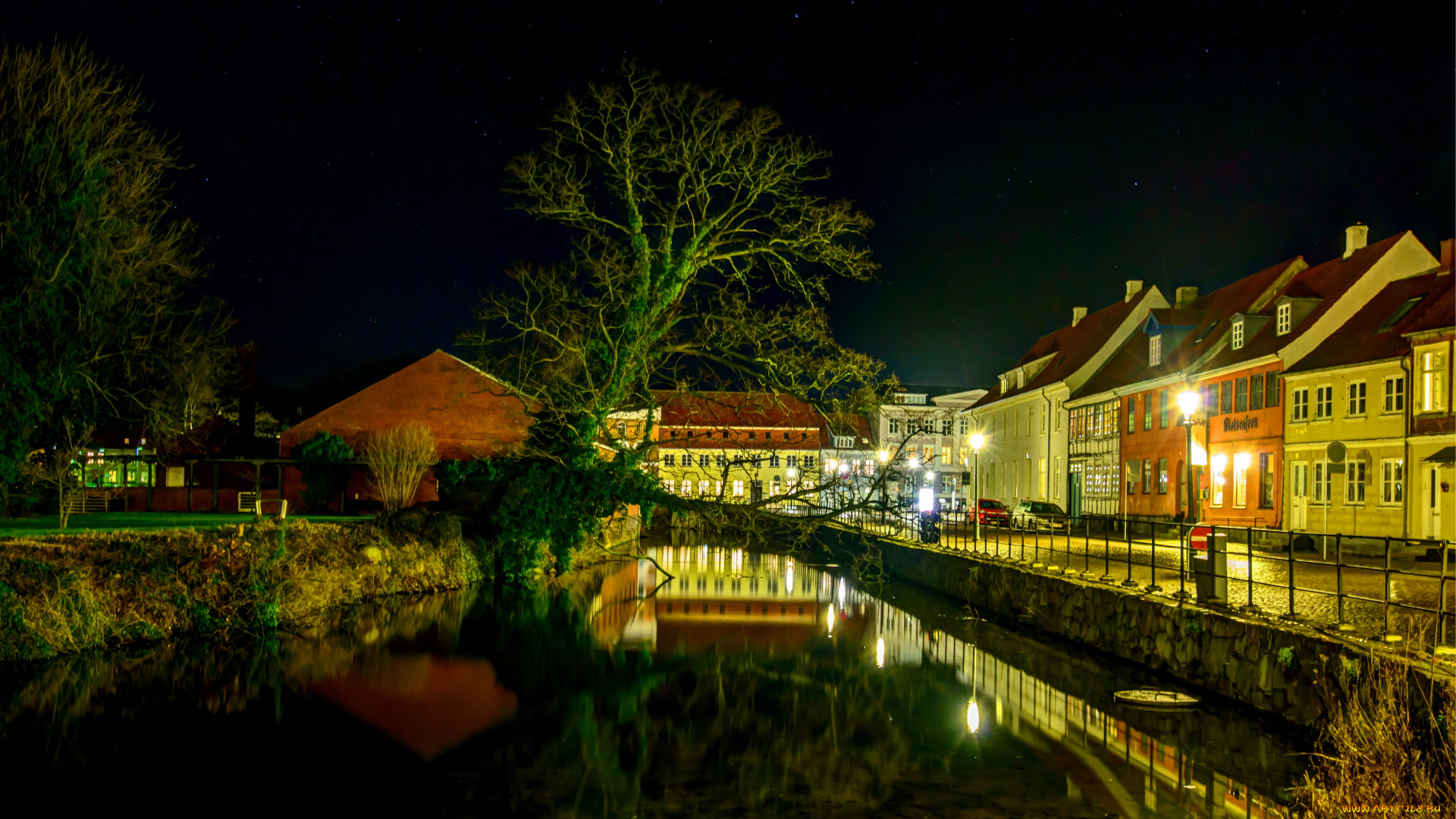 nyborg, дания, города, -, огни, ночного, города, дома, дания, nyborg, река, ночь, огни