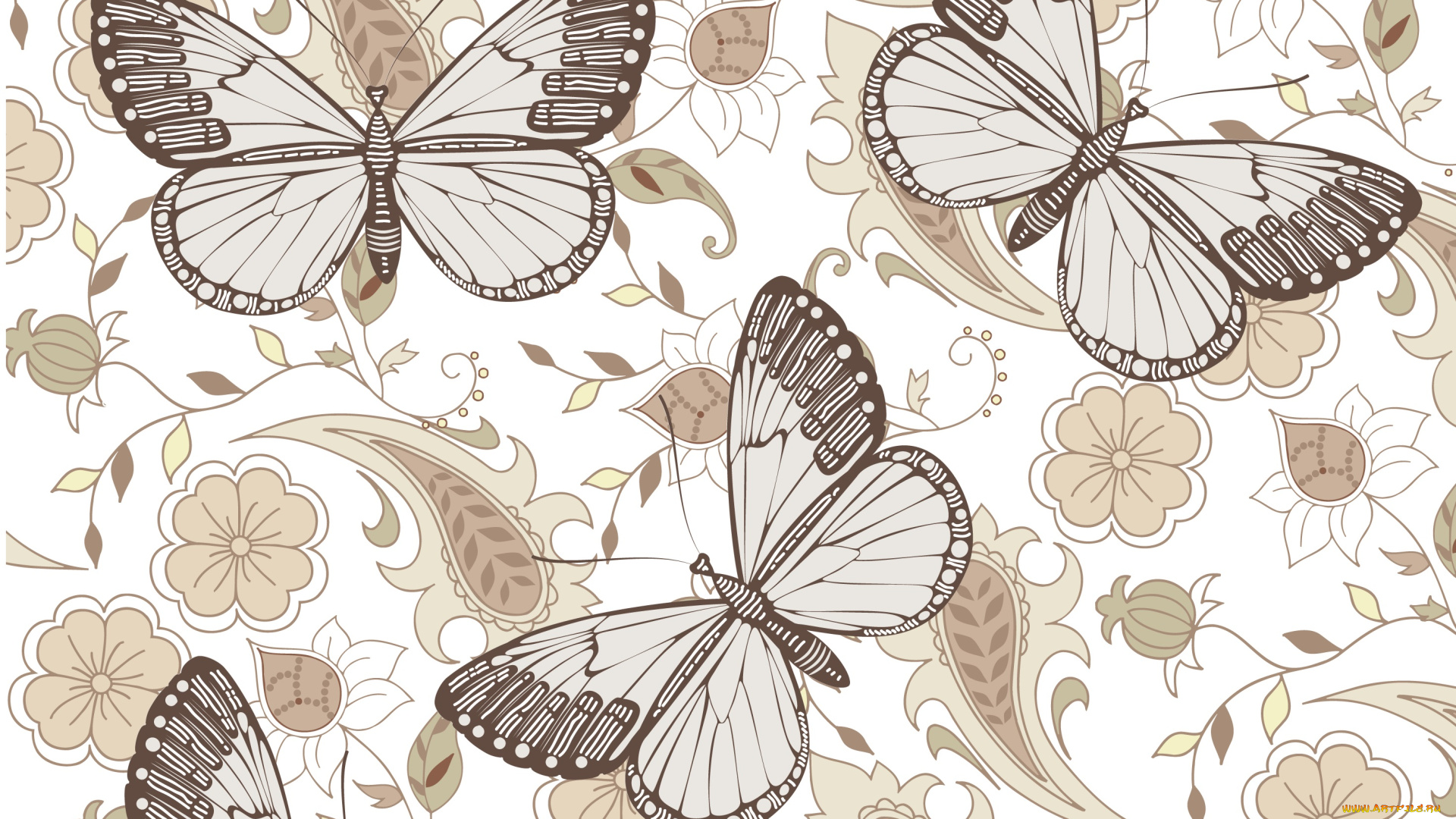 векторная, графика, животные, бабочка, фон, цветы