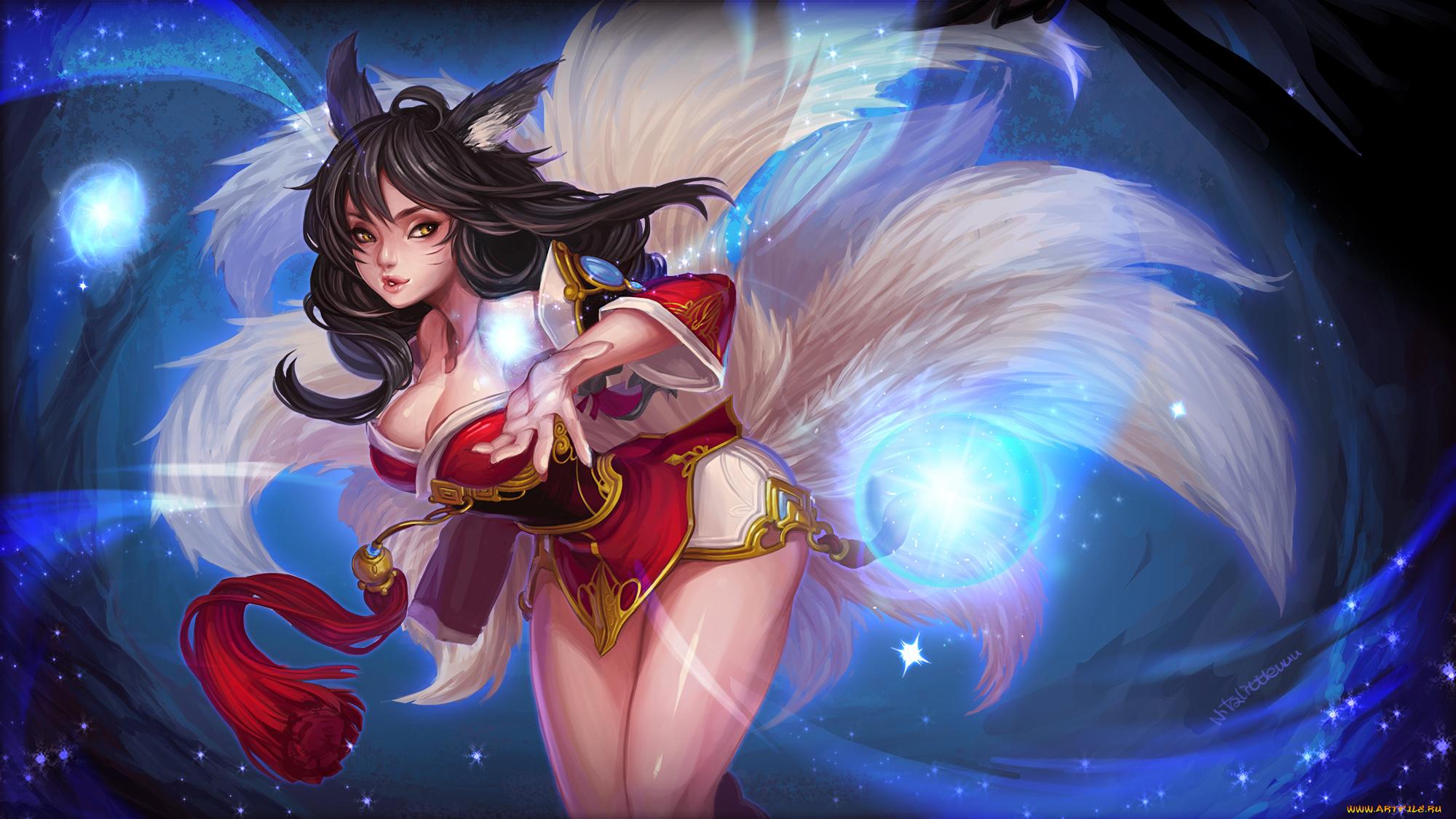league, of, legends, фэнтези, существа, kaka, cheung, art, взгляд, league, of, legends, ahri, девушка, хвосты, ушки, лисица, магия, жест