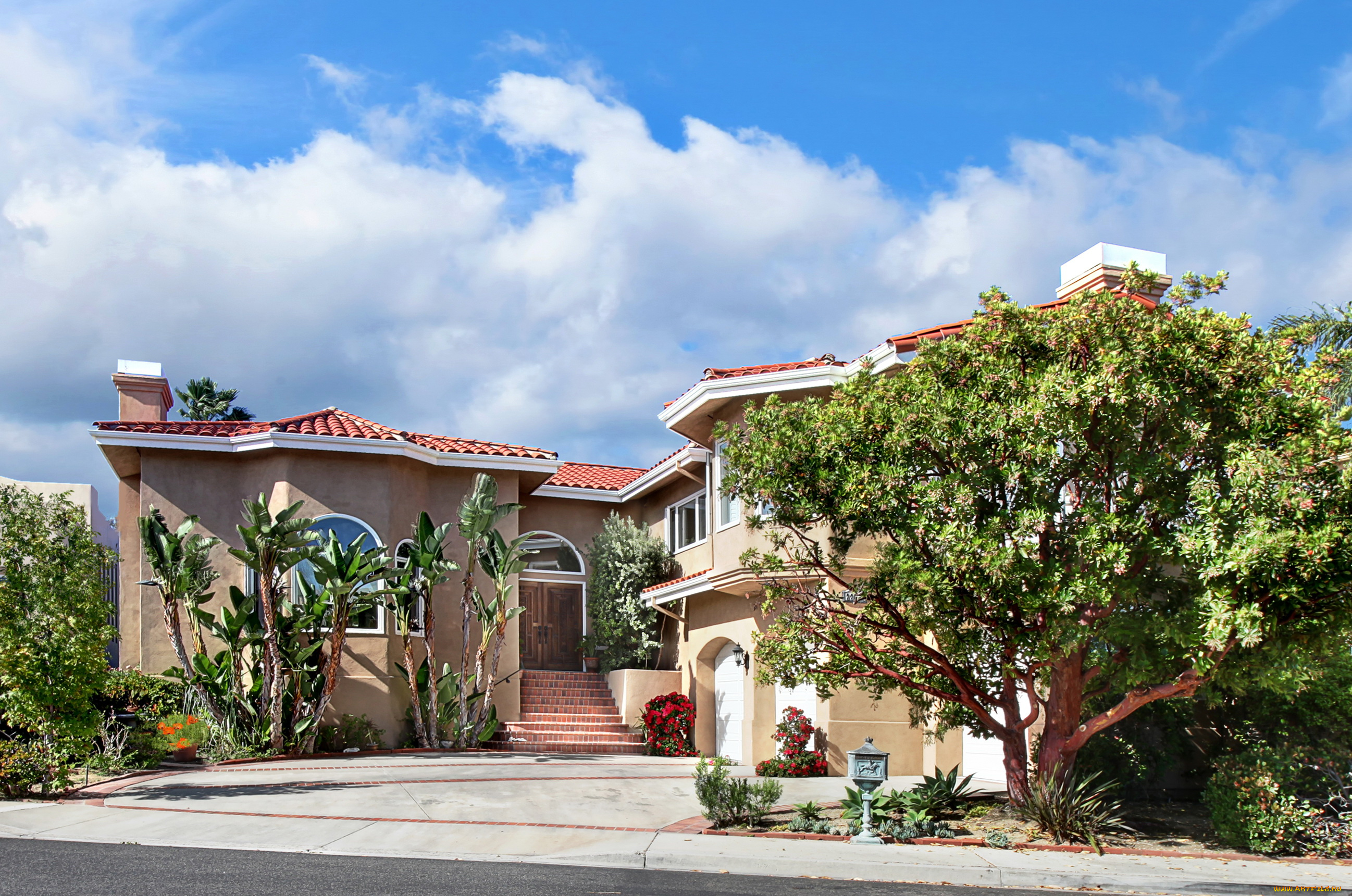 города, -, здания, , дома, ландшафт, дом, кусты, деревья