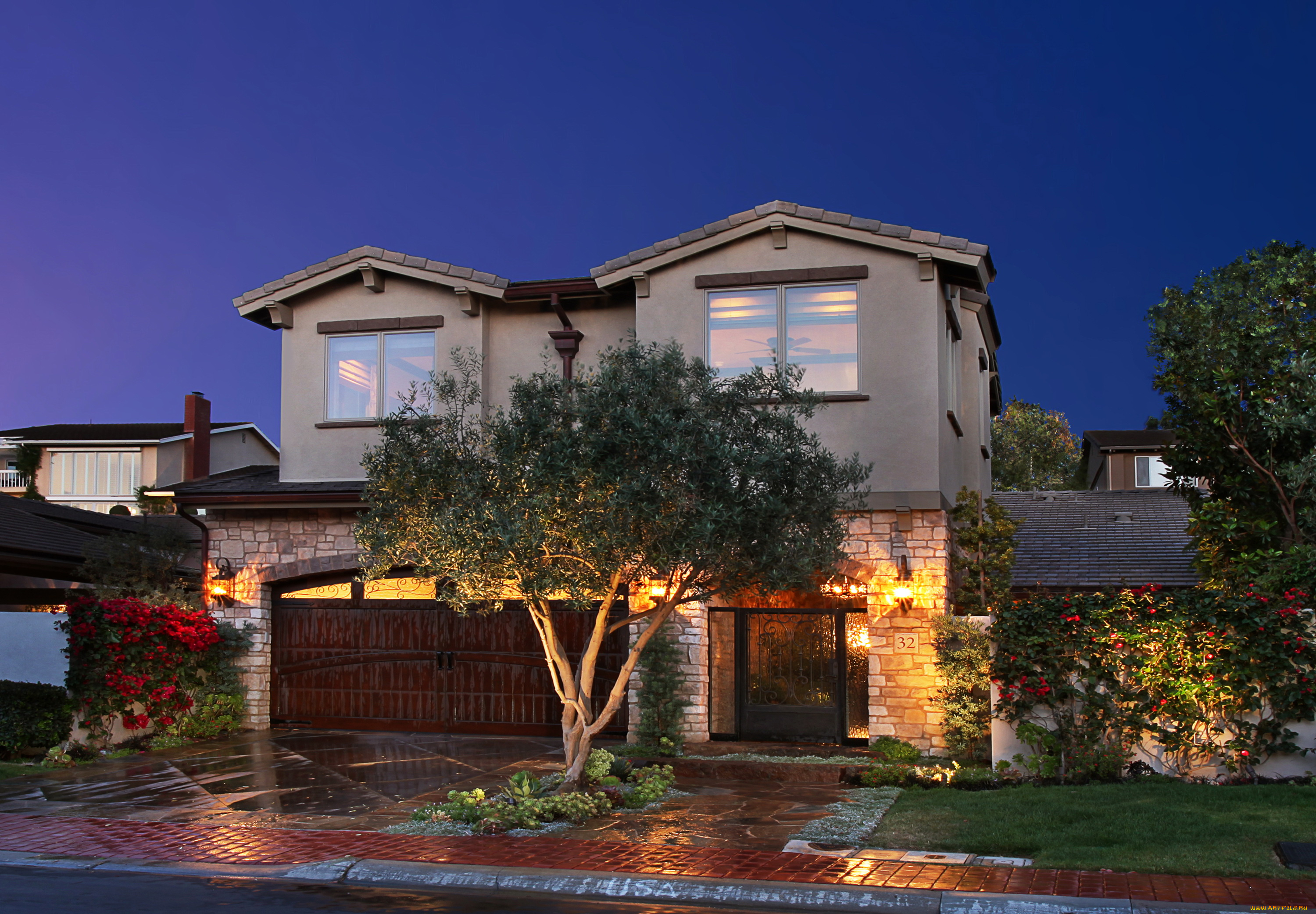 города, -, здания, , дома, огни, ночь, кусты, деревья, ландшафт, дом