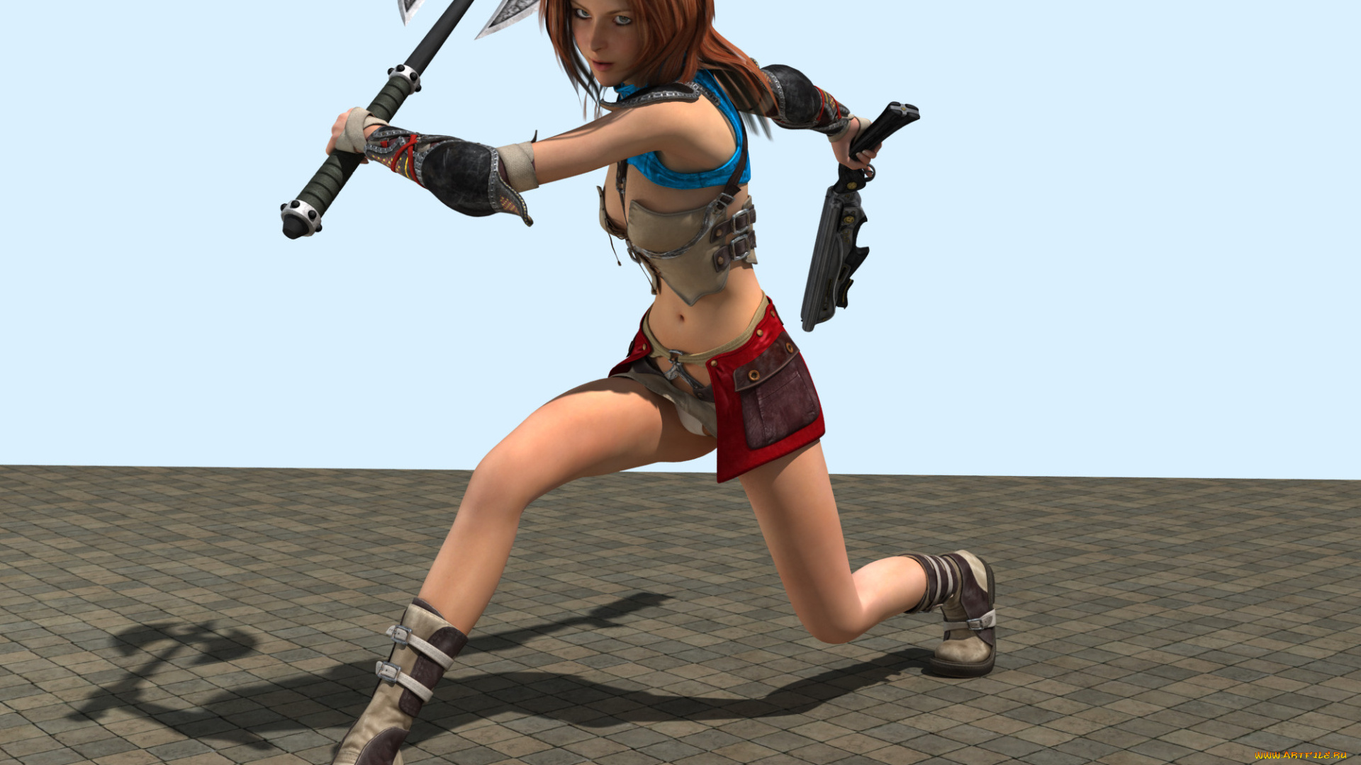 3д, графика, амазонки, , amazon, девушка, фон, взгляд, пистолет, топор