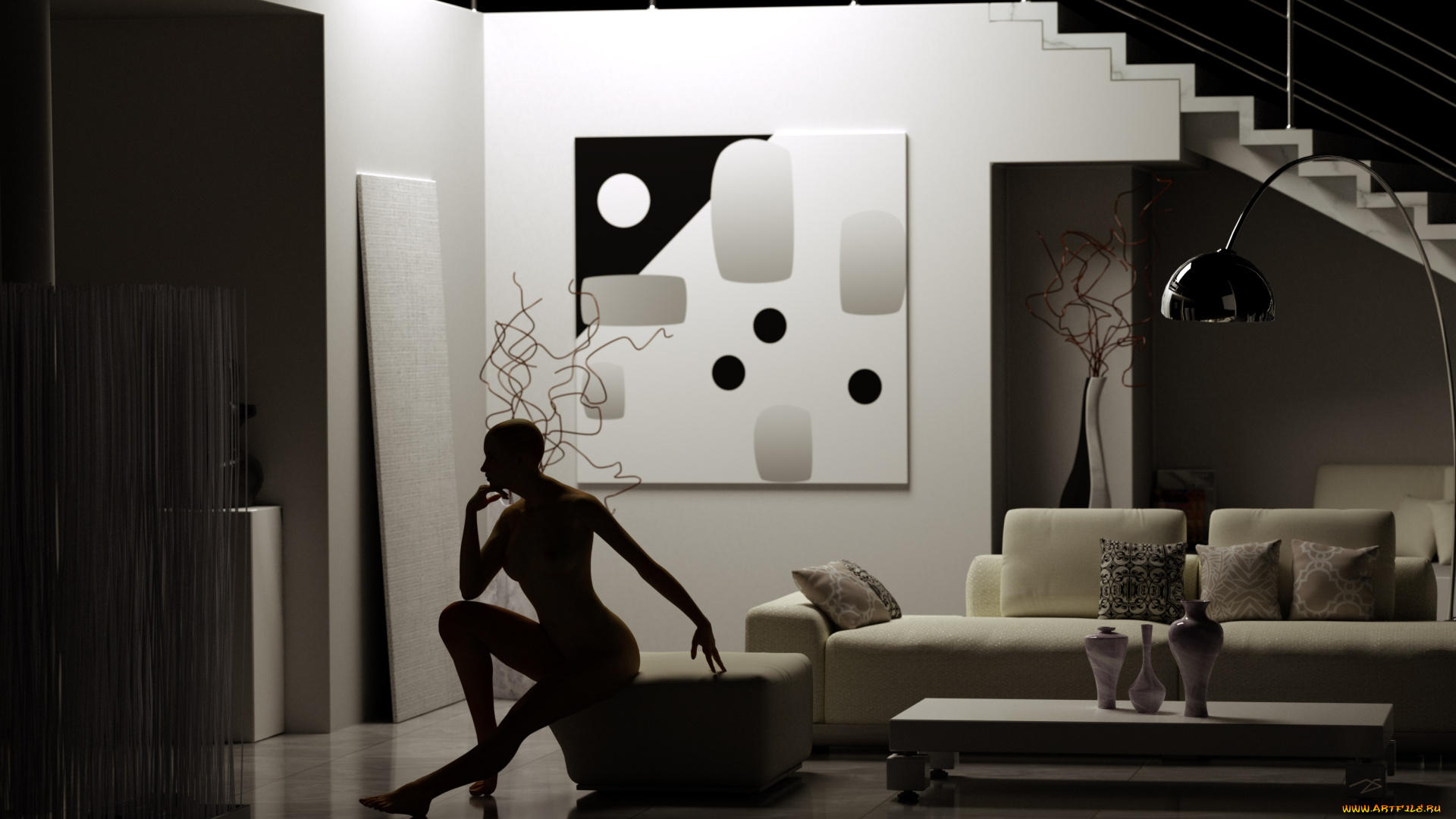 3д, графика, фантазия, , fantasy, девушка, взгляд, фон, силуэт, диван, лестница, интерьер