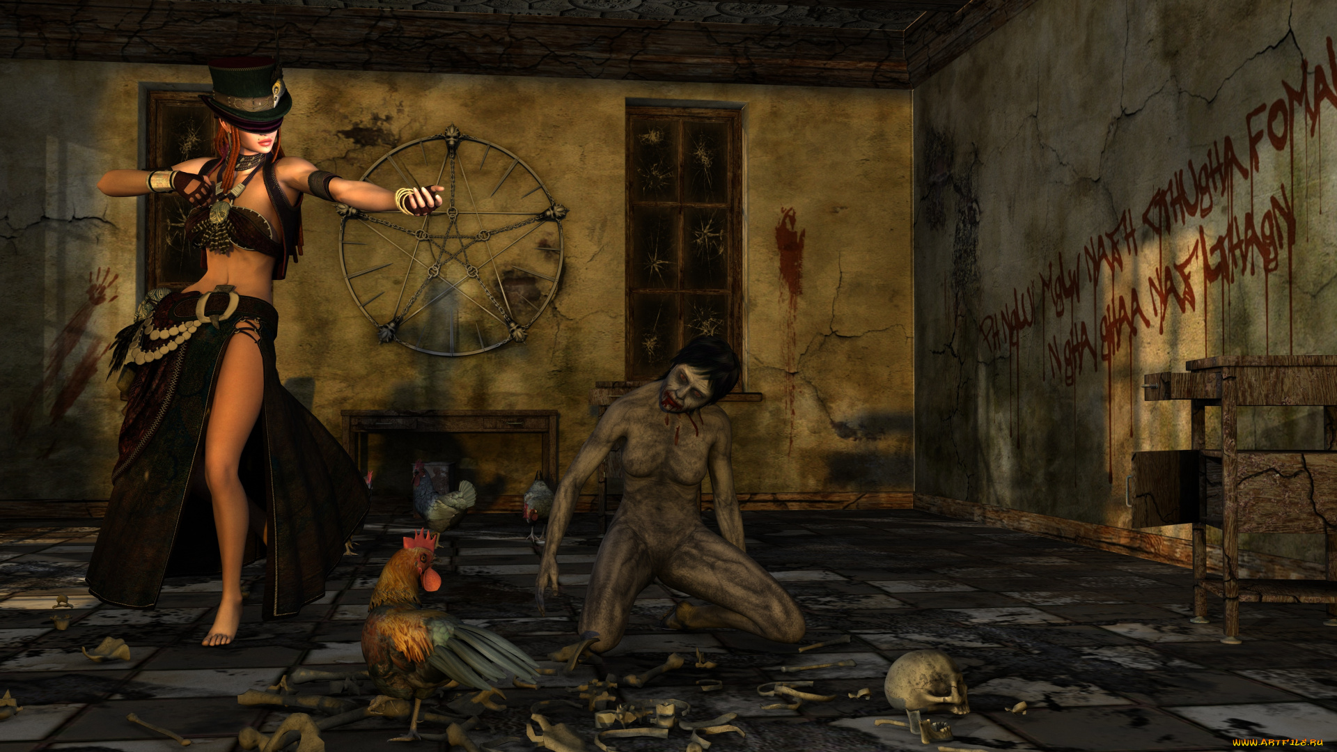 3д, графика, фантазия, , fantasy, кровь, петух, зомби, шляпа, фон, взгляд, девушка