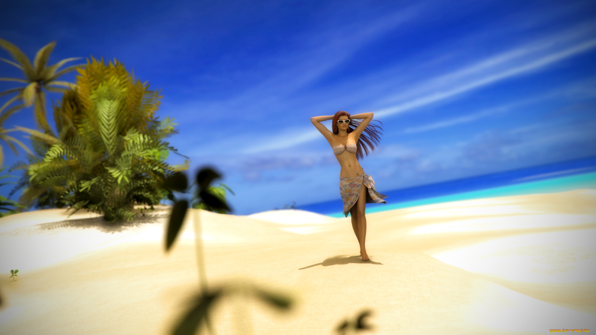 3д, графика, люди, , people, девушка, взгляд, фон, грудь, пляж